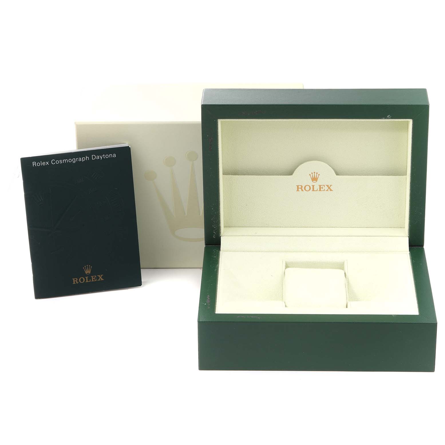 The image shows the open box and booklet of a Rolex Daytona 116520 Men's Stainless Steel Black Dial 116520 Men's Stainless Steel Black Dial watch, with the empty cushion and packaging visible.