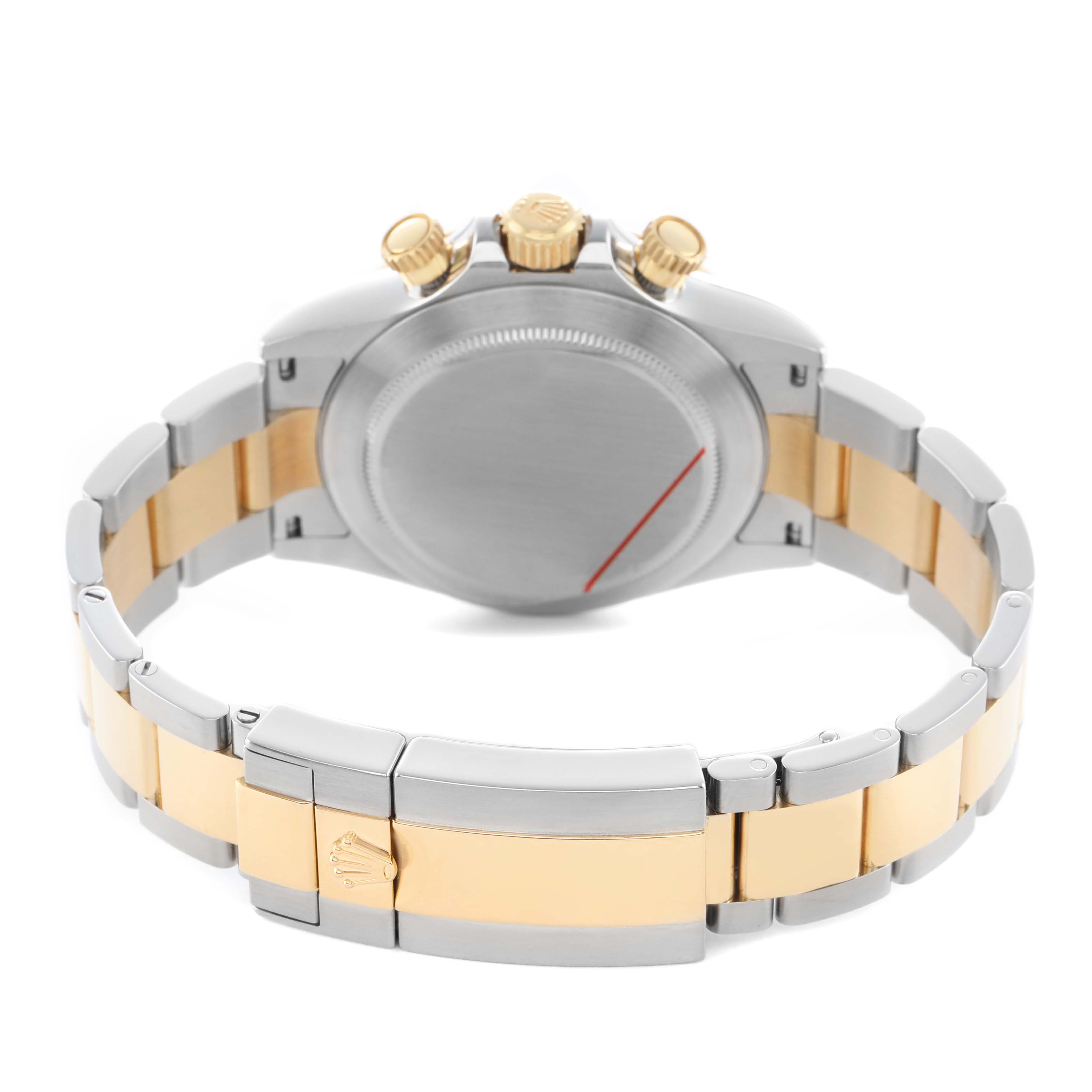 The image shows the back view of a Rolex Daytona 116503 Men's Steel and Gold (two tone) Black Dial watch, focusing on the case back, crown, pushers, and two-tone bracelet.