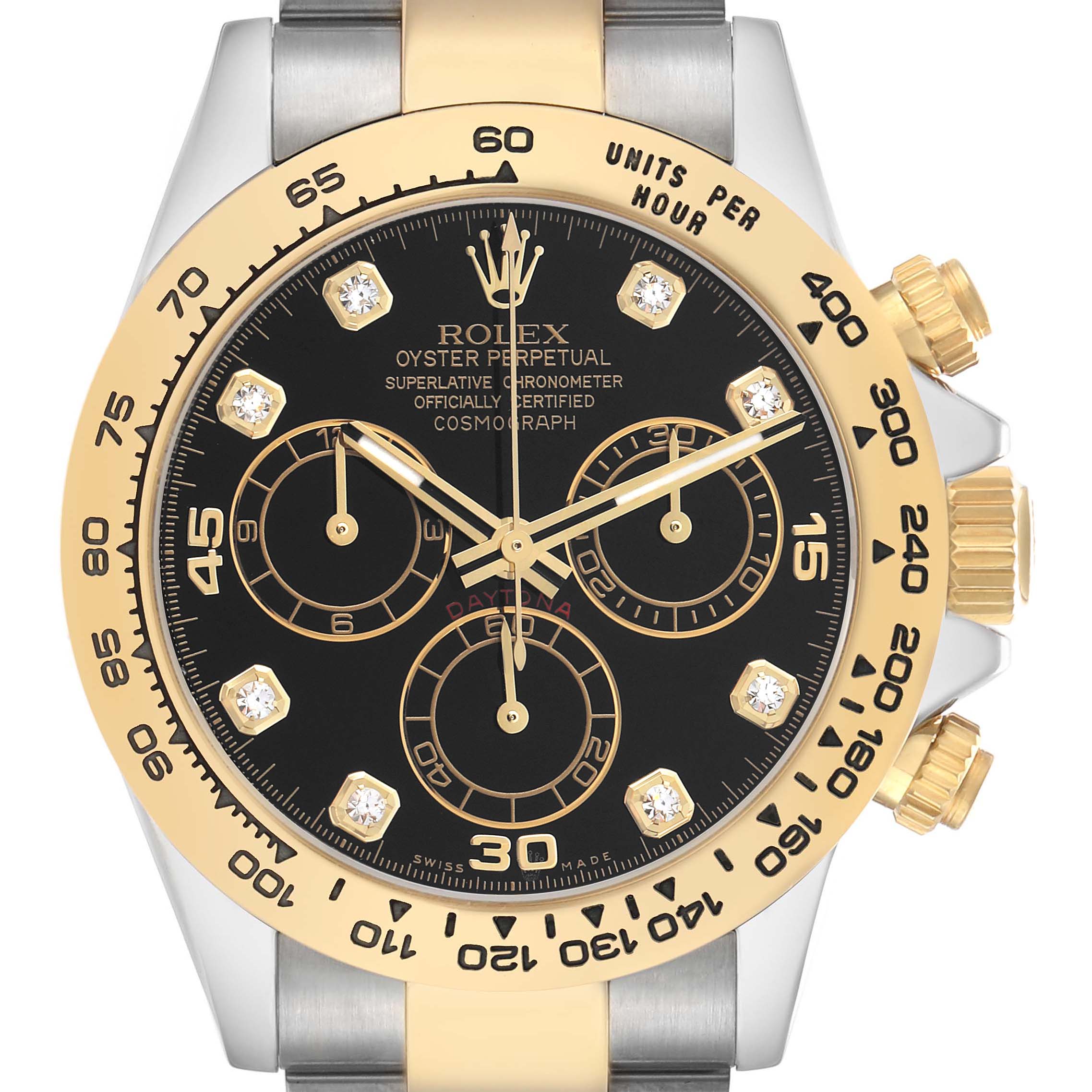 The image shows a Rolex Daytona 116503 Men's Steel and Gold (two tone) Black Dial watch with a front view, highlighting its bezel, dial, sub-dials, and crown.