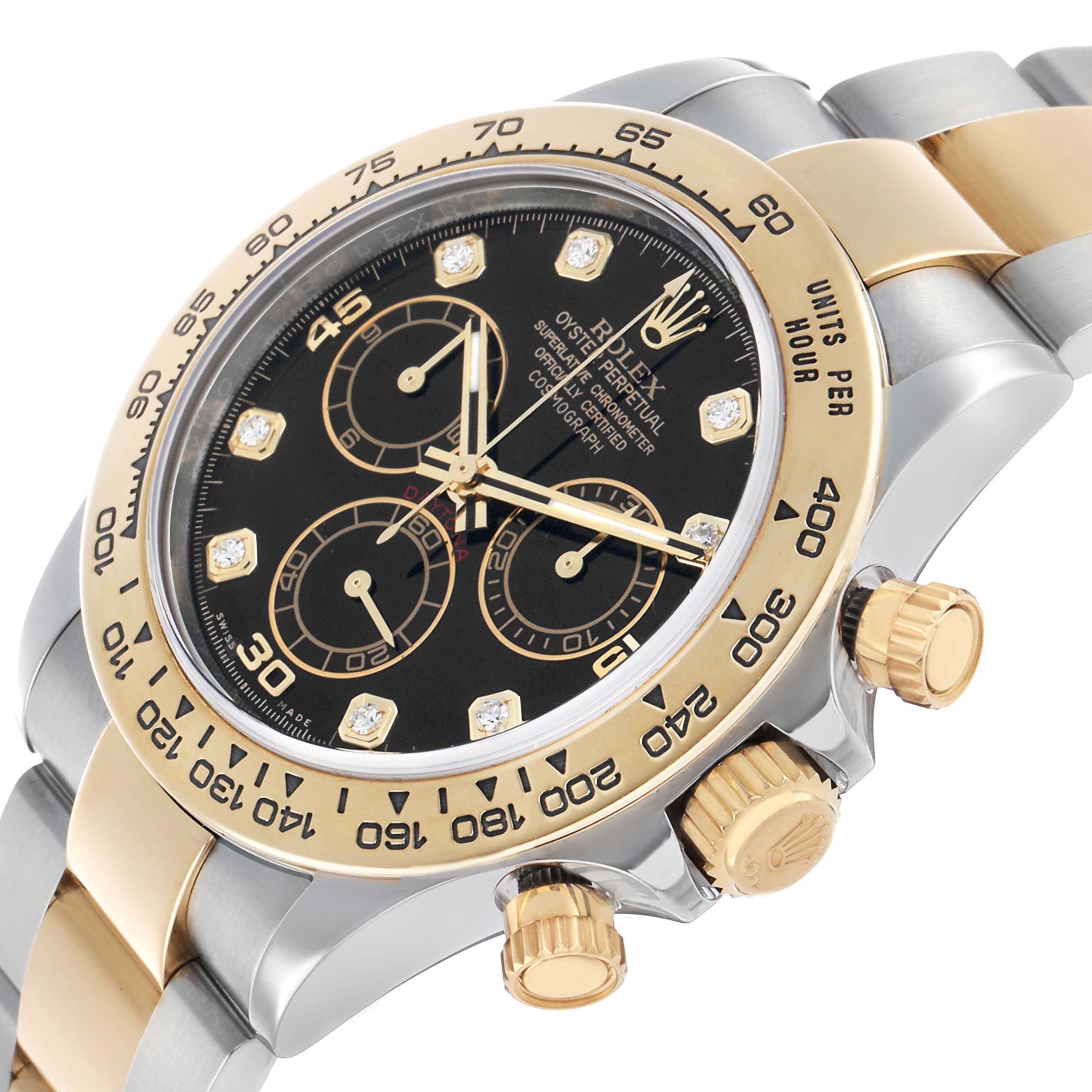 The Rolex Daytona 116503 Men's Steel and Gold (two tone) Black Dial watch is shown at an angled close-up, highlighting the face, bezel, crown, and pushers.
