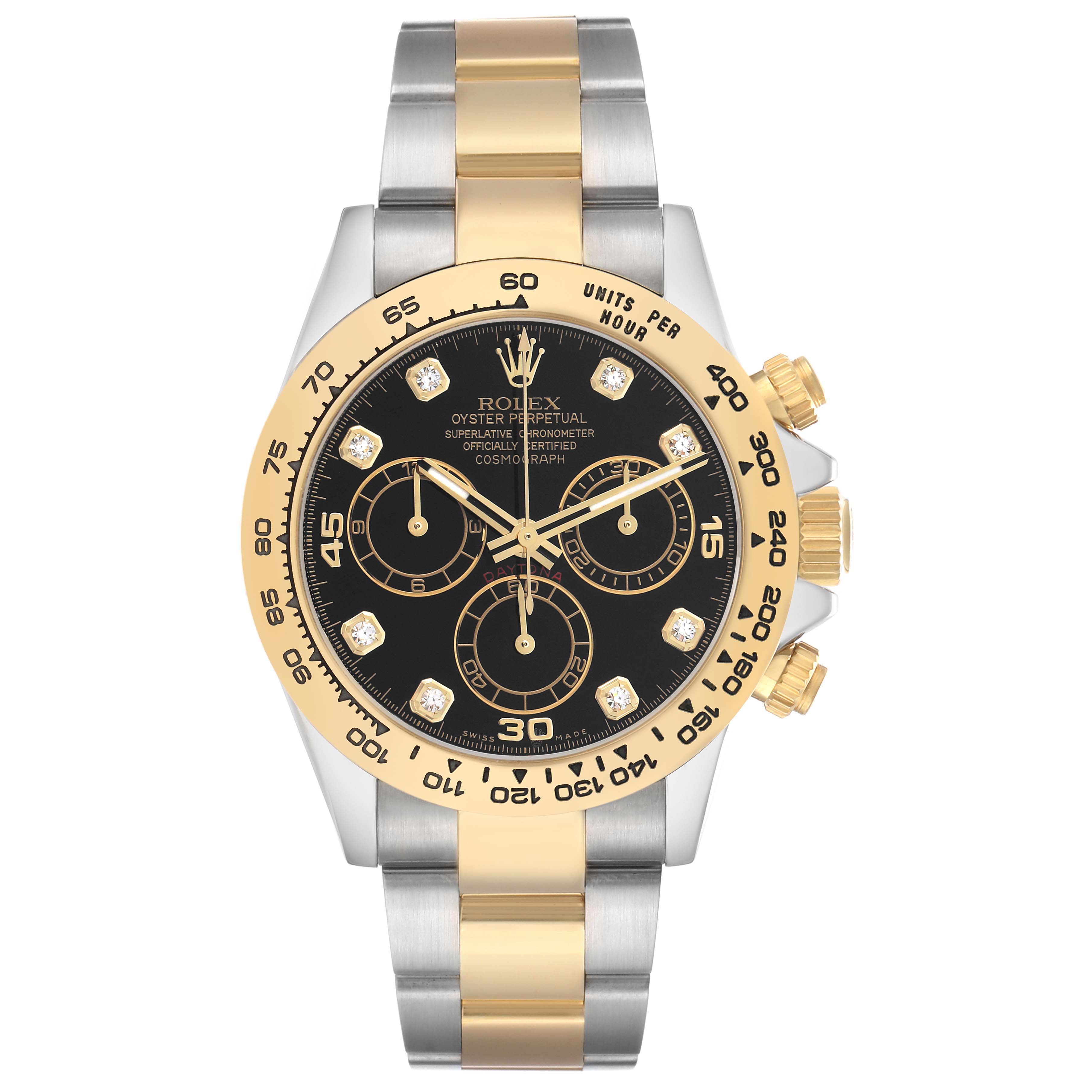 The Rolex Daytona 116503 Men's Steel and Gold (two tone) Black Dial watch is shown from a front angle, highlighting the bezel, dials, and two-tone bracelet.