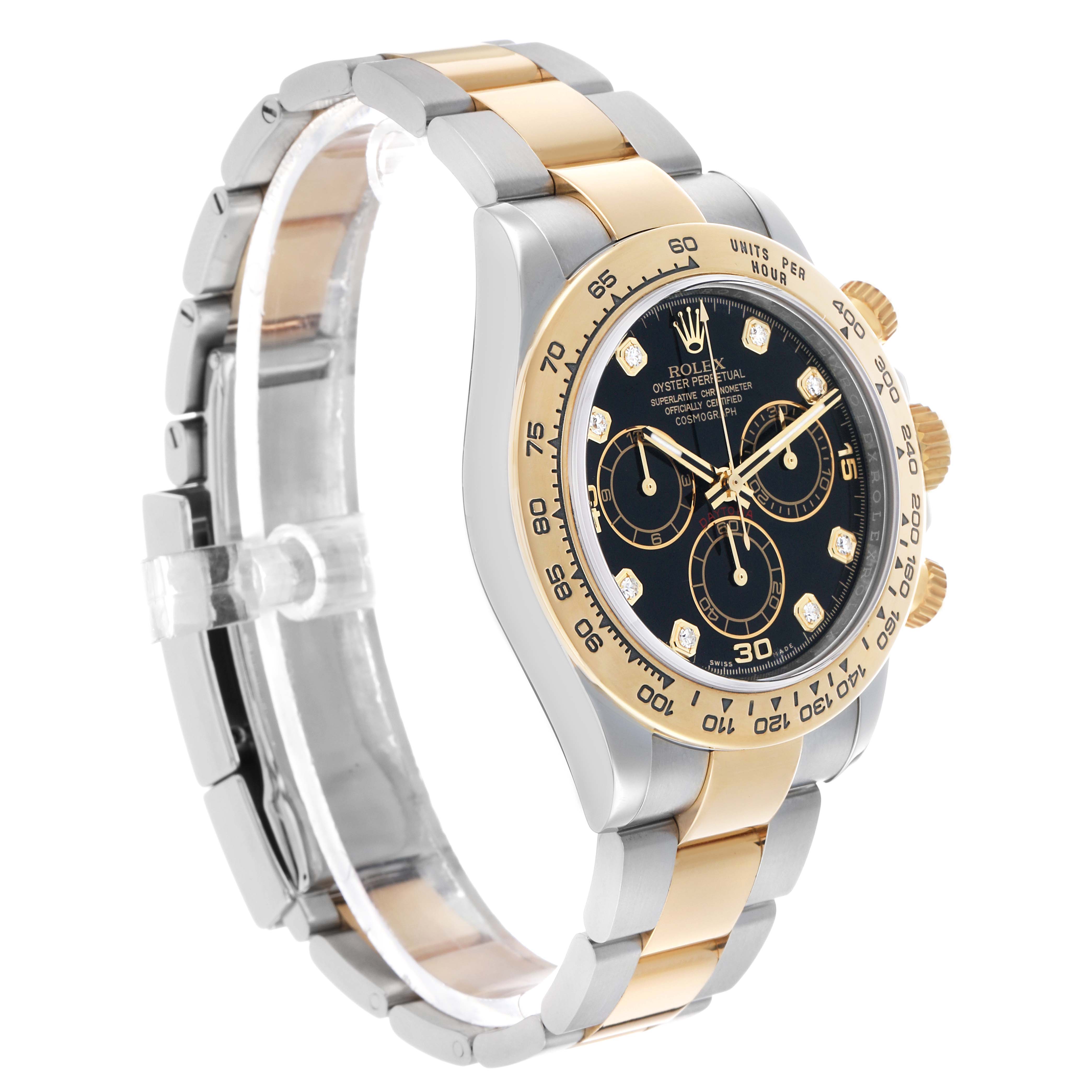 The Rolex Daytona 116503 Men's Steel and Gold (two tone) Black Dial watch is shown at a side angle, displaying its gold and silver bracelet, bezel, and black dial with sub-dials.