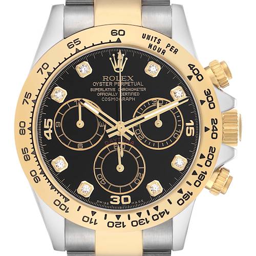 The Rolex Daytona 116503 Men's Steel and Gold (two tone) Black Dial watch is shown from a front angle, highlighting the black dial, gold bezel with tachymeter, and chronograph subdials.