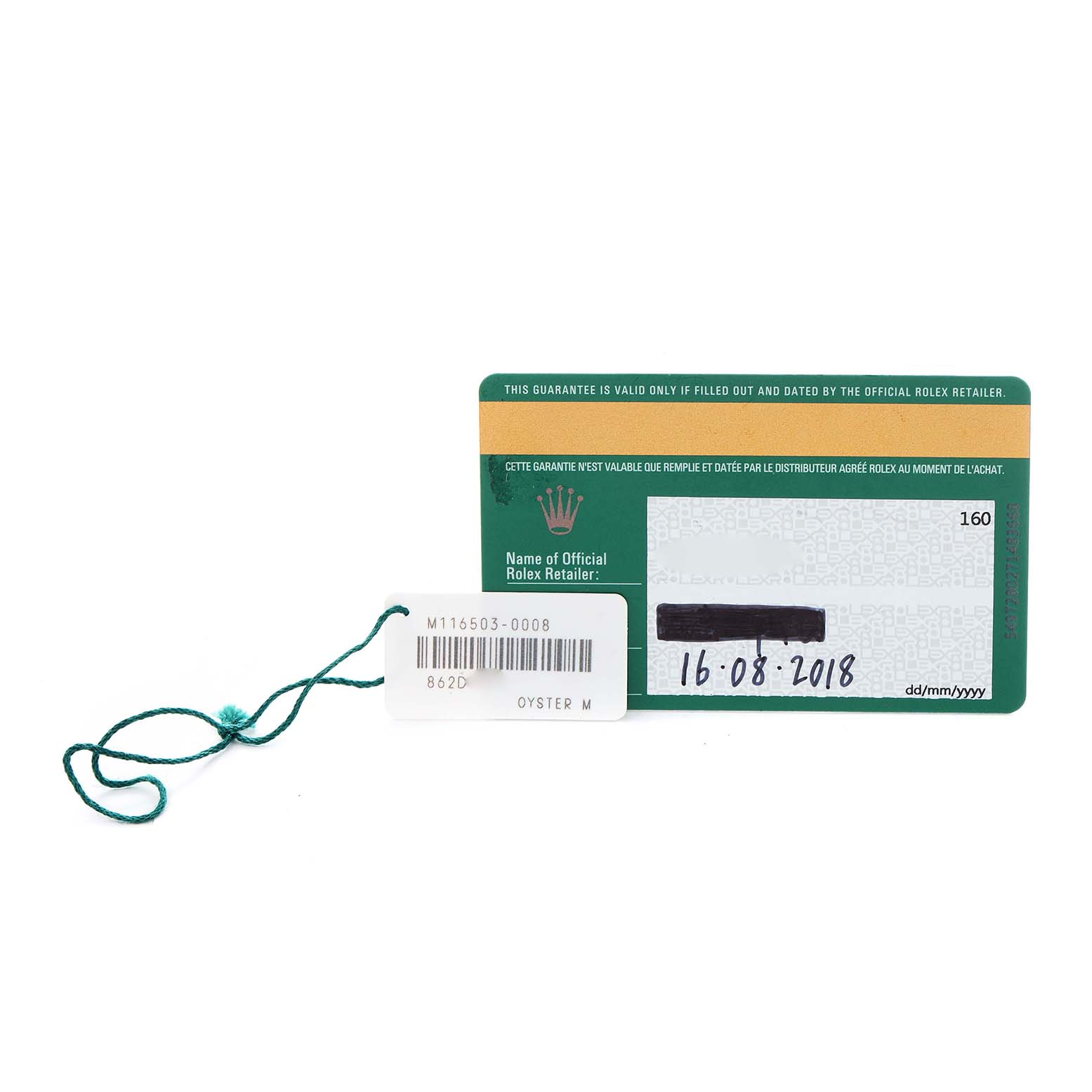 The image shows a Rolex Daytona 116503 Men's Steel and Gold (two tone) Black Dial warranty card and tag with reference number and purchase date.