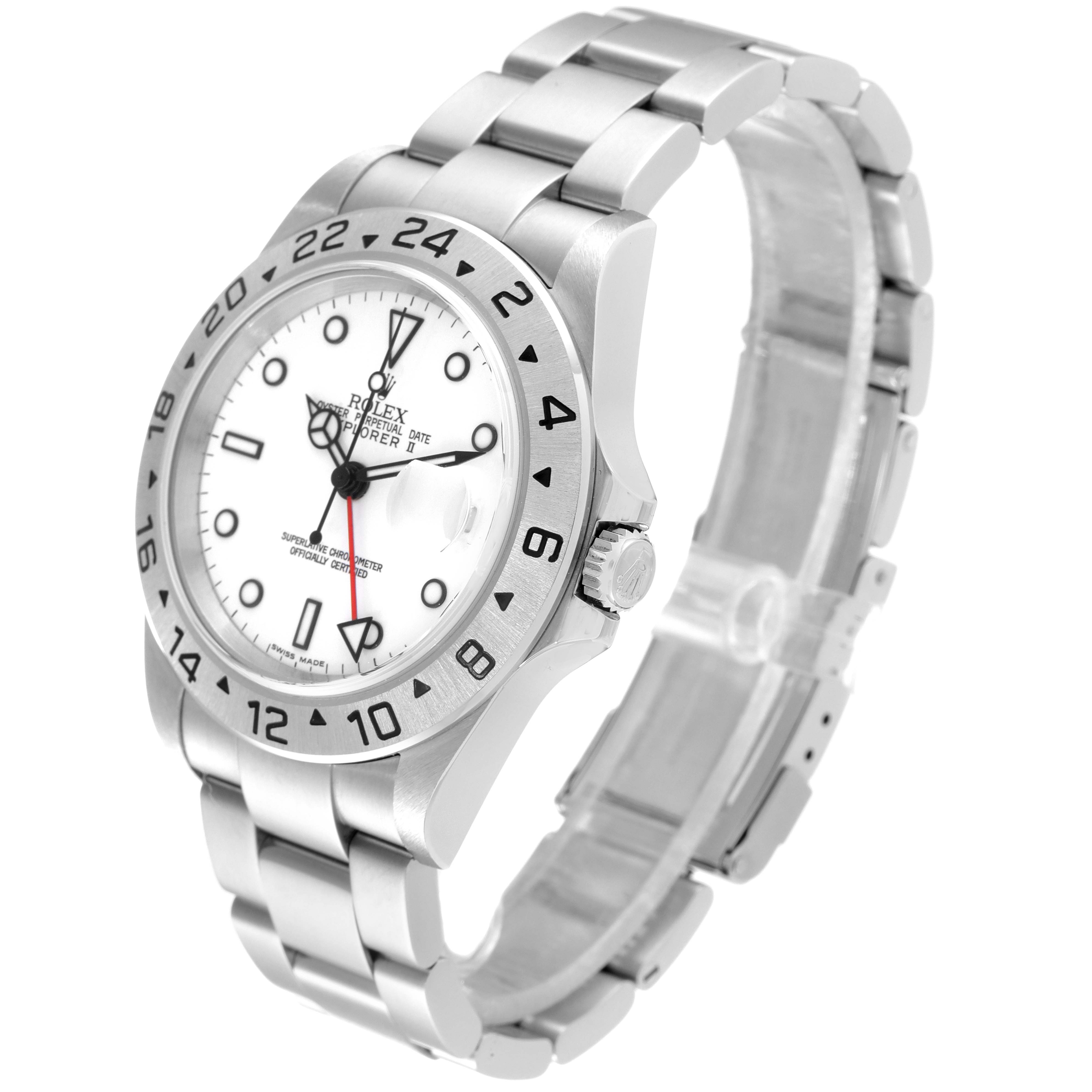 The Rolex Explorer 16570 Men
s Stainless Steel White Dial 16570 Men
s Stainless Steel White Dial watch is shown at a three-quarter angle, highlighting the face, bezel, and bracelet.