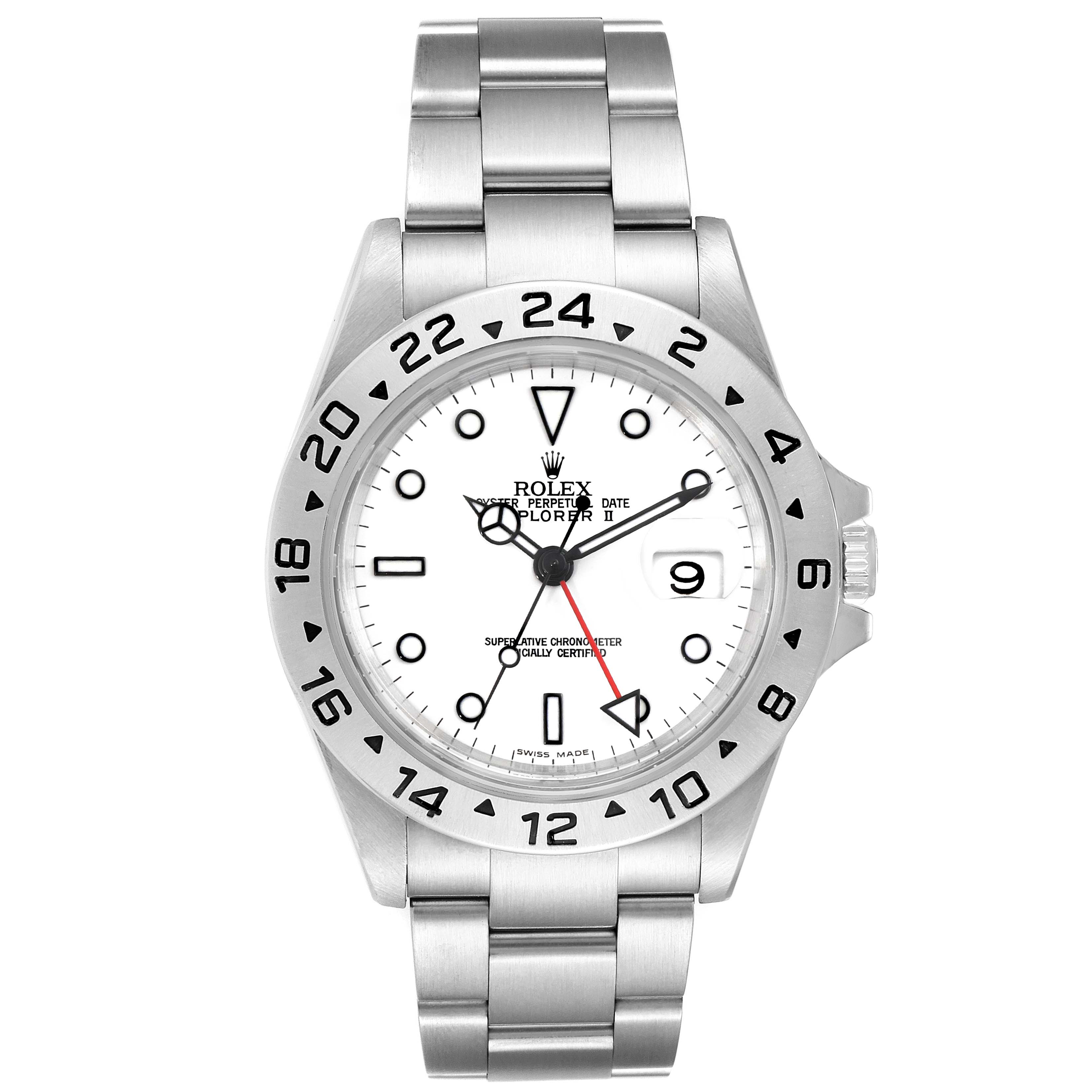 The image shows a front view of the Rolex Explorer 16570 Men
s Stainless Steel White Dial 16570 Men
s Stainless Steel White Dial watch, highlighting its dial, bezel, and bracelet.