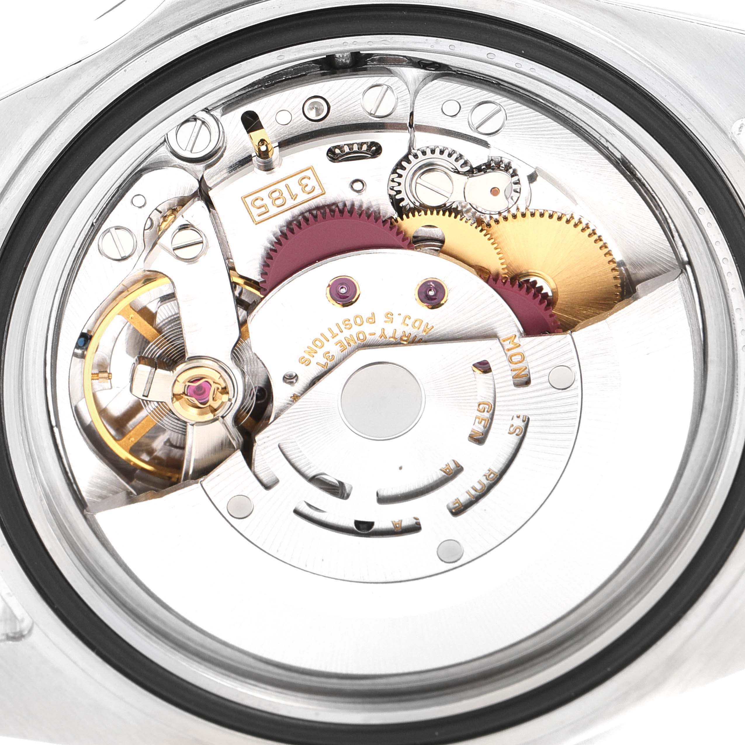 This image shows the intricate movement mechanism of a Rolex Explorer 16570 Men
s Stainless Steel White Dial 16570 Men
s Stainless Steel White Dial watch.