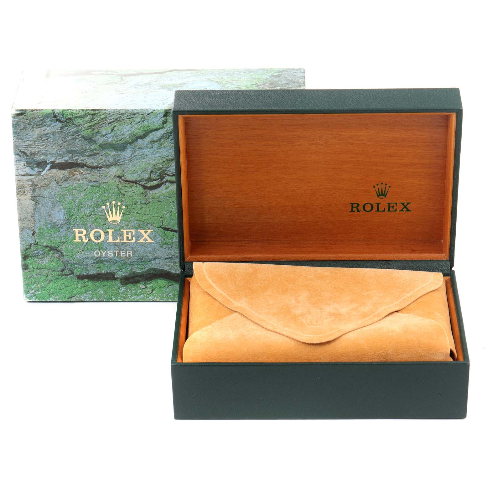 The image shows a Rolex Explorer 16570 Men
s Stainless Steel White Dial 16570 Men
s Stainless Steel White Dial watch box, including its outer box and the interior leather pouch.