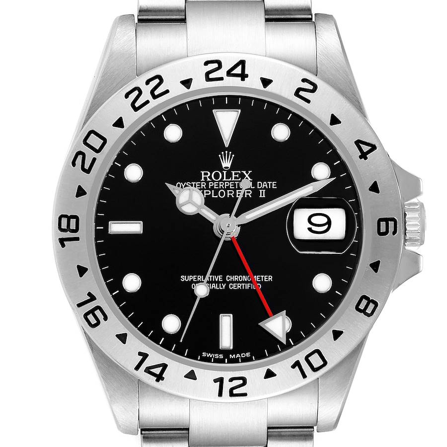 The image shows a front view of the Rolex Explorer II watch face, bezel, and part of the bracelet.