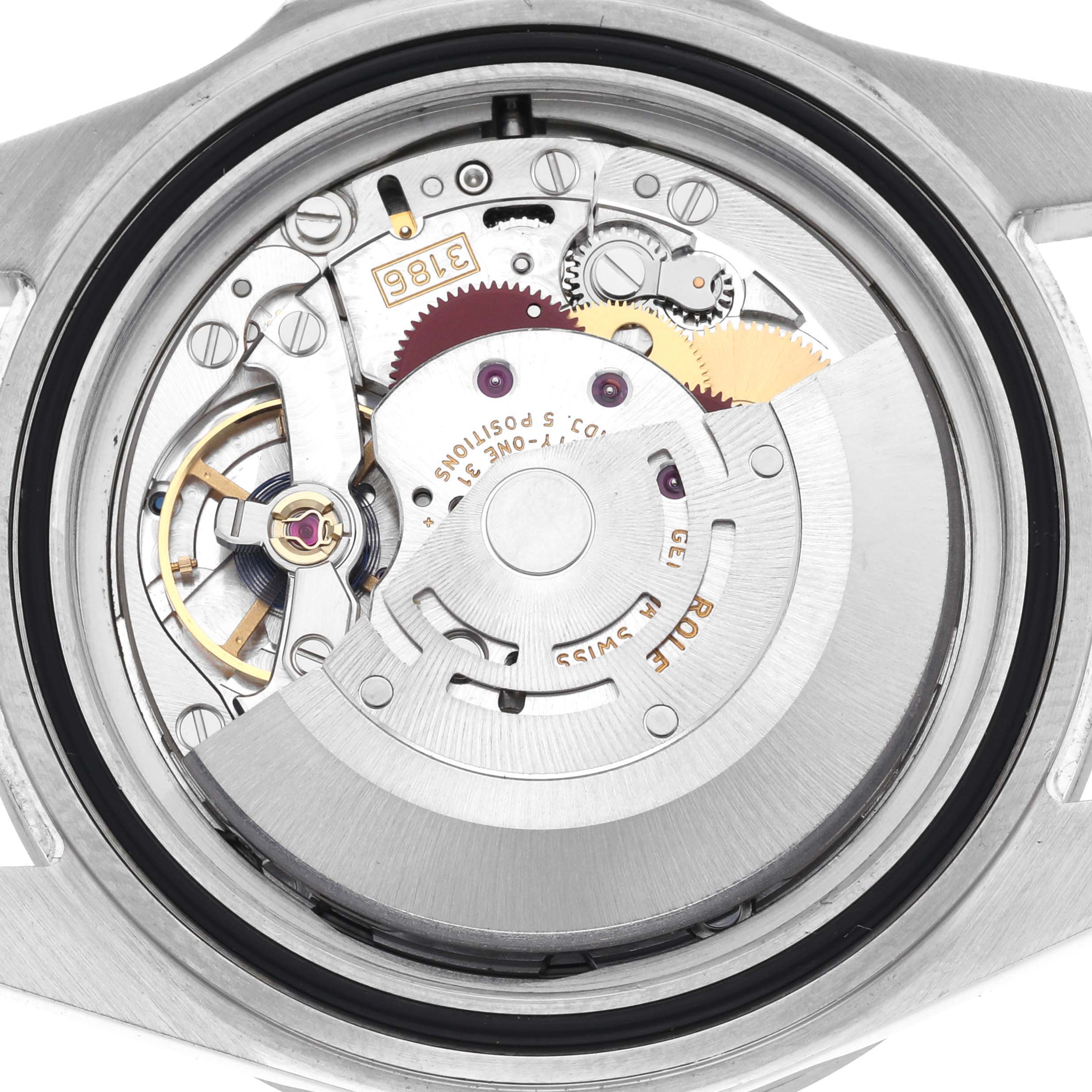 The image shows the back view of a Rolex Explorer 16570T Men's Stainless Steel Black Dial 16570T Men's Stainless Steel Black Dial, highlighting its internal movement and gears.