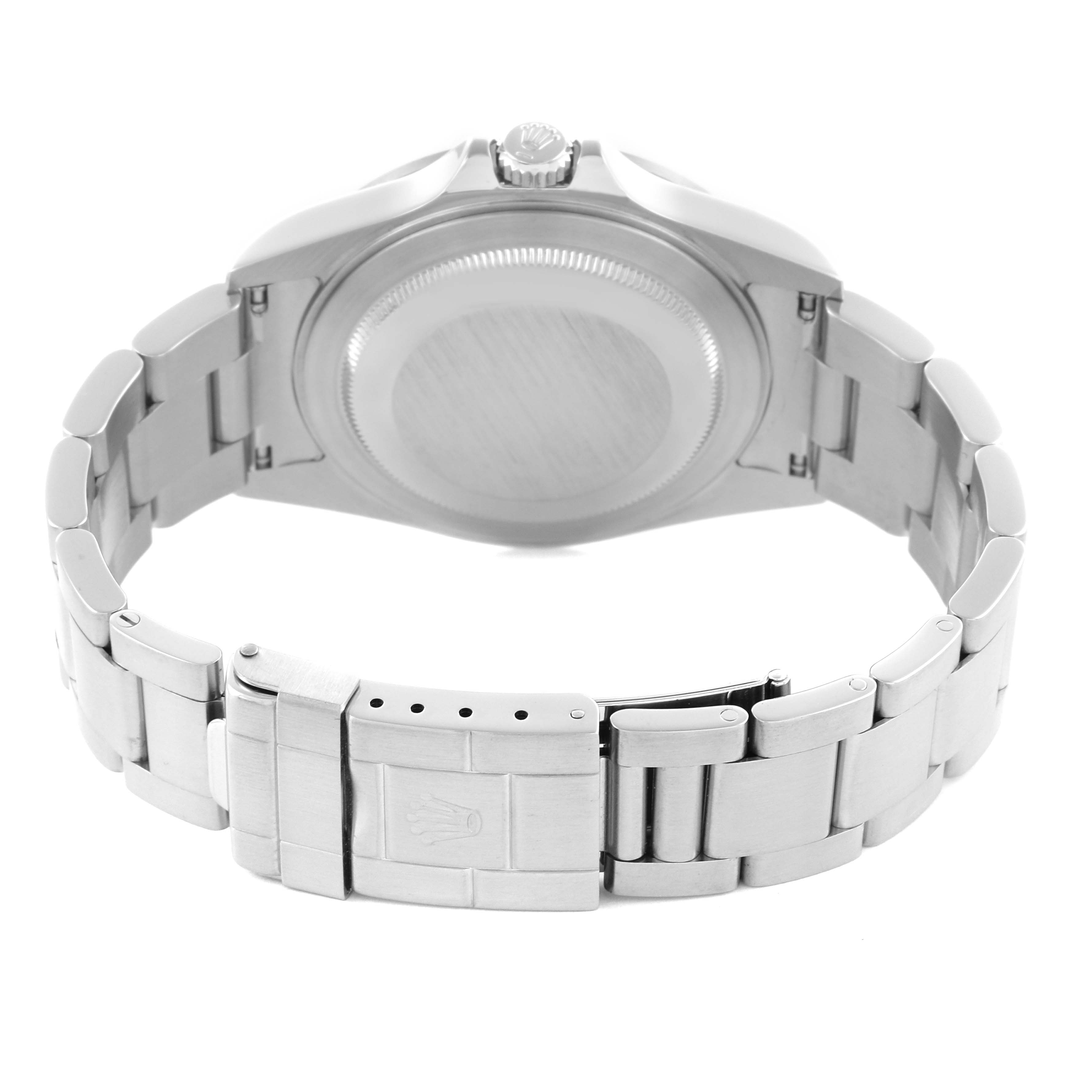 The Rolex Explorer 16570T Men's Stainless Steel Black Dial 16570T Men's Stainless Steel Black Dial watch is shown from the back, highlighting the case back, crown, and metal bracelet with clasp.