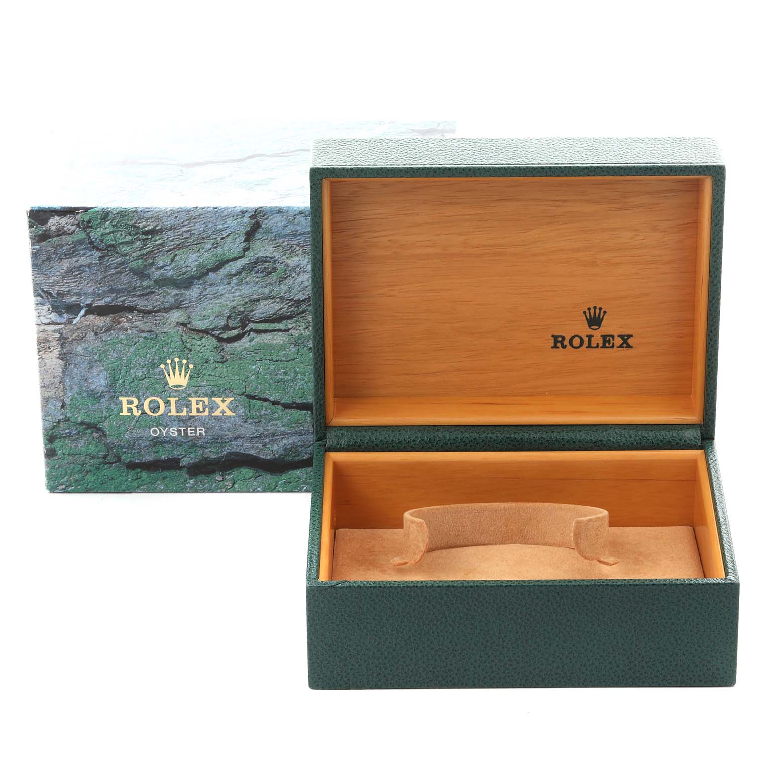 The image shows an open Rolex Explorer 16570T Men's Stainless Steel Black Dial 16570T Men's Stainless Steel Black Dial watch box from a straight-on angle, revealing its interior and outer cover.