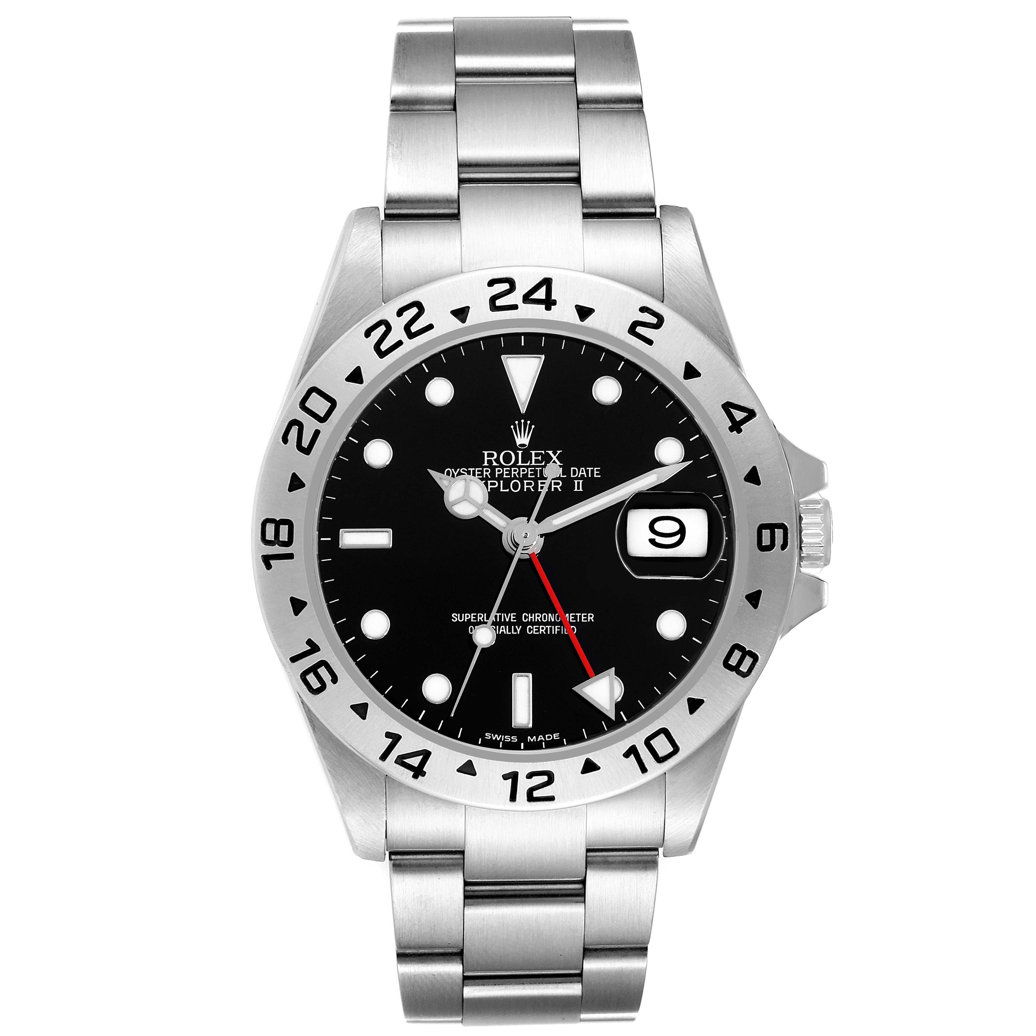 The Rolex Explorer 16570T Men's Stainless Steel Black Dial 16570T Men's Stainless Steel Black Dial watch is shown from a front angle, displaying the face, bezel, bracelet, and date feature.