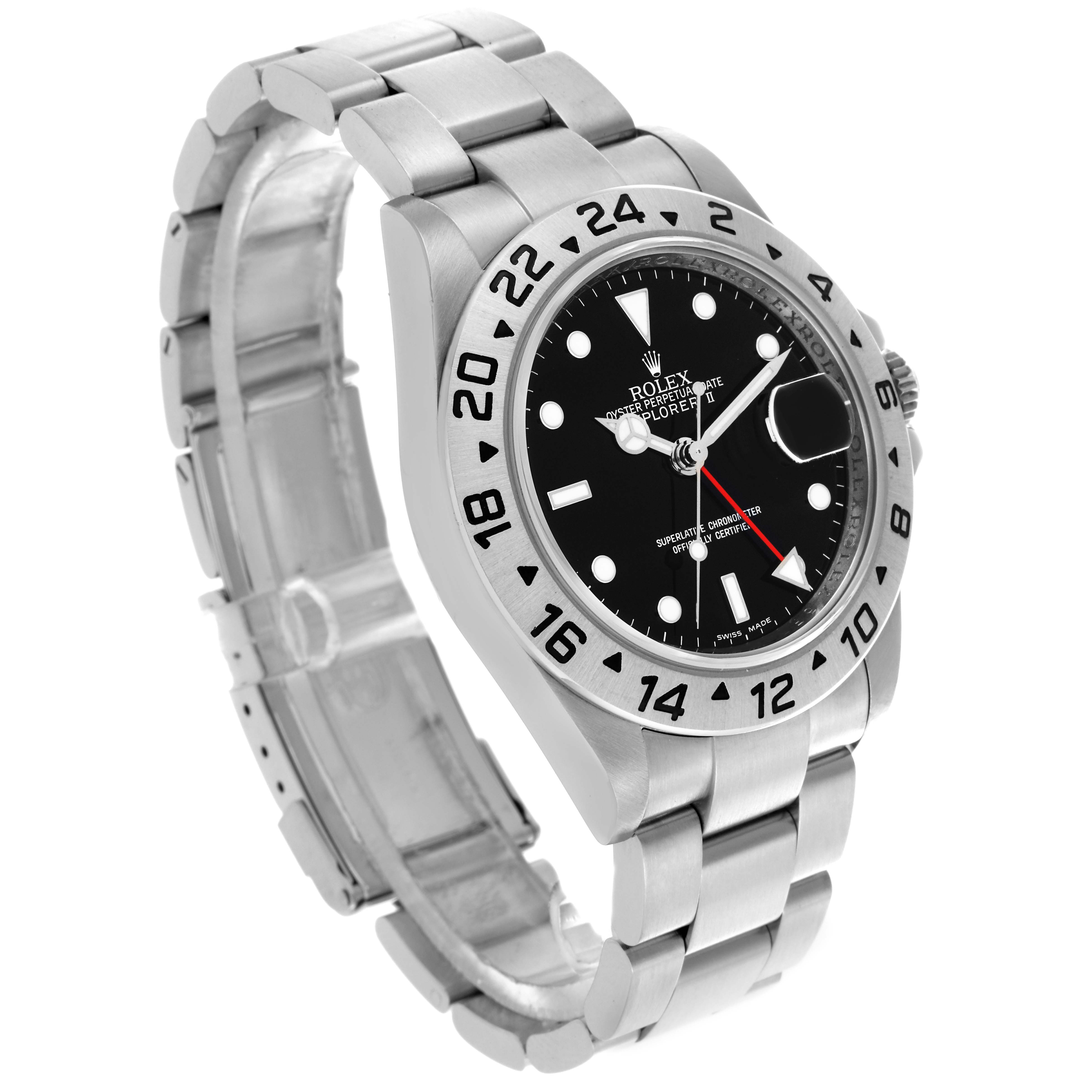 The Rolex Explorer 16570T Men's Stainless Steel Black Dial 16570T Men's Stainless Steel Black Dial watch is shown from a three-quarter angle, highlighting the face, bezel, and bracelet.