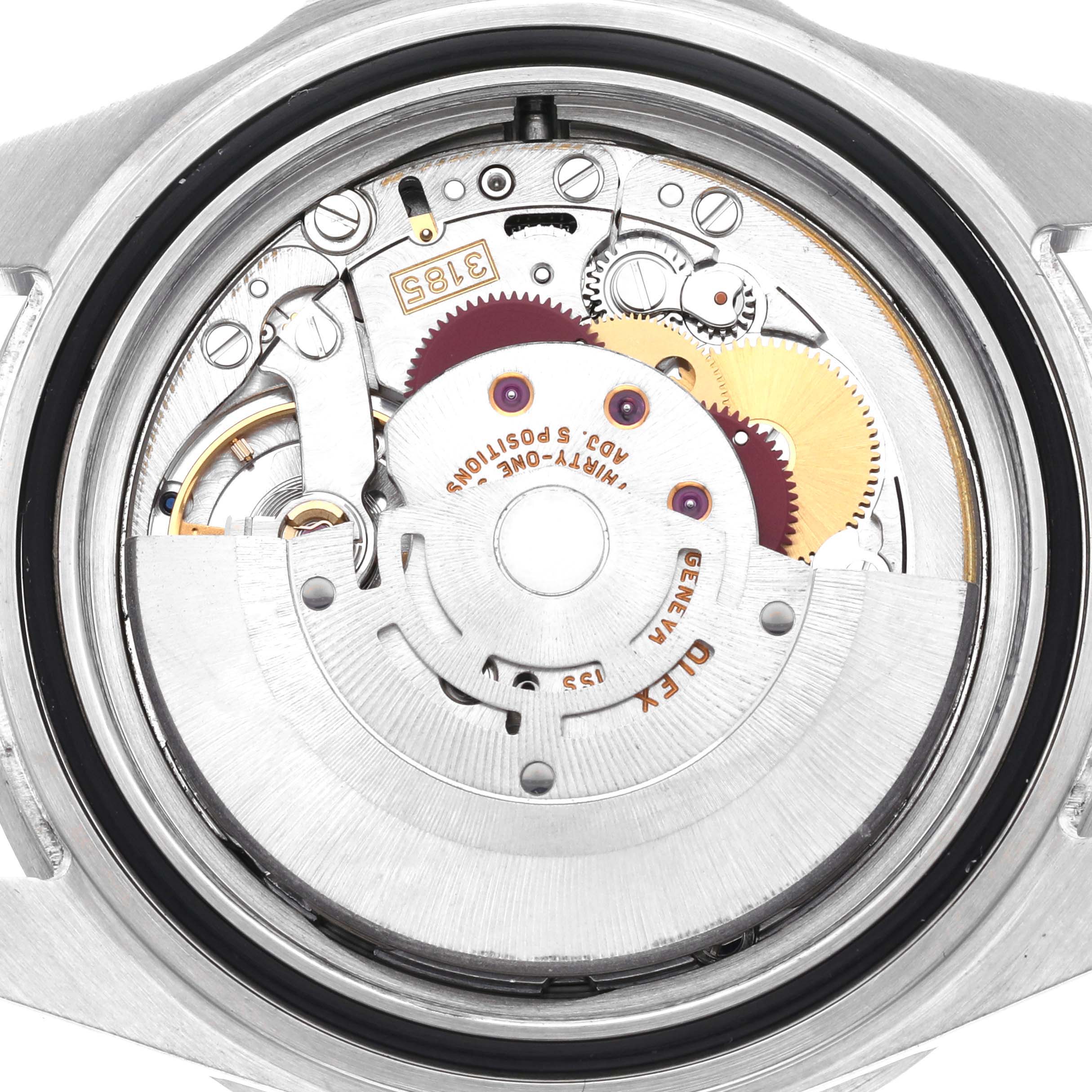 The image shows the movement of a Rolex GMT-Master 16710 Men
s Stainless Steel Black Dial 16710 Men
s Stainless Steel Black Dial watch from the back case angle.