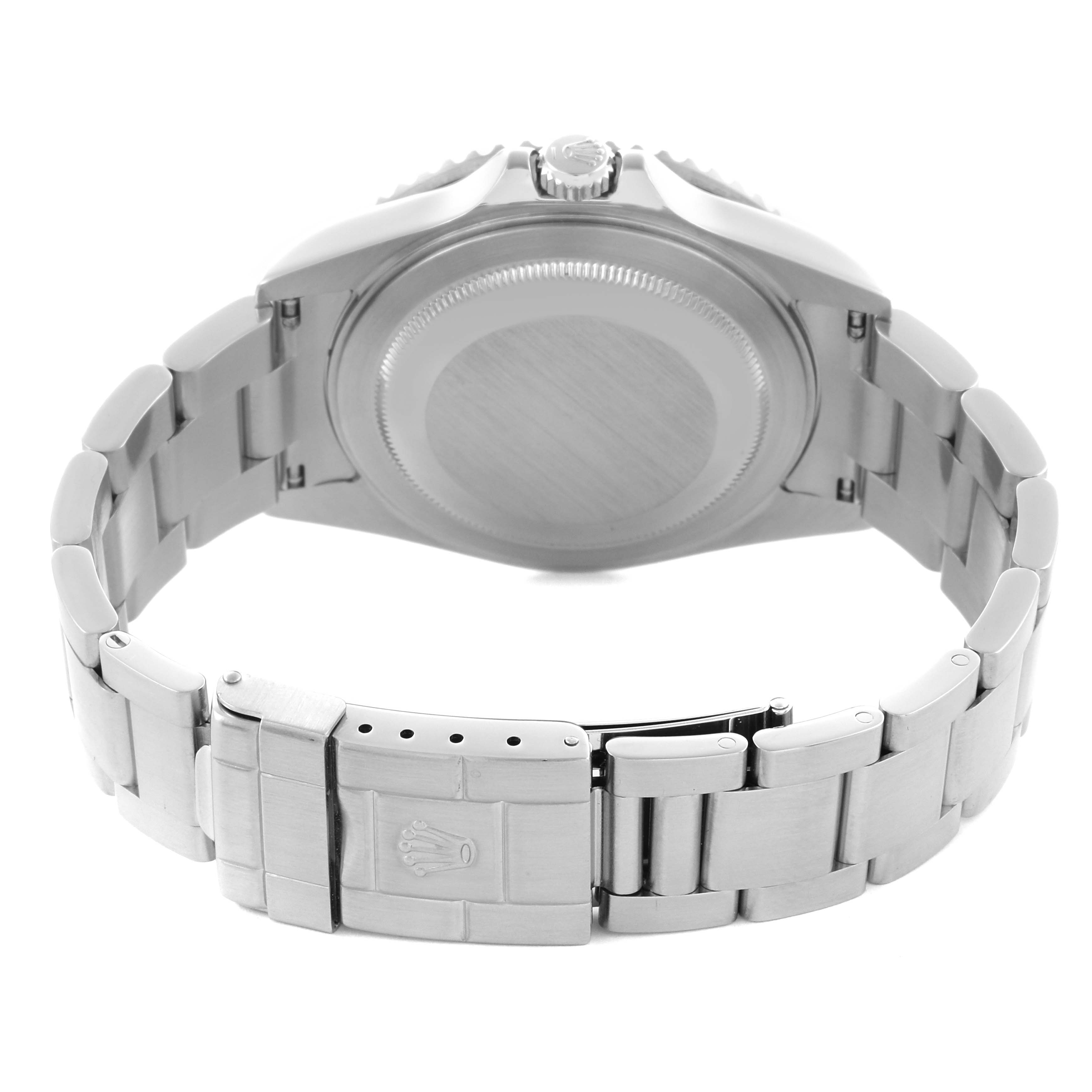 The image shows the back view of a Rolex GMT-Master 16710 Men
s Stainless Steel Black Dial 16710 Men
s Stainless Steel Black Dial, highlighting the case back and bracelet with the clasp open.