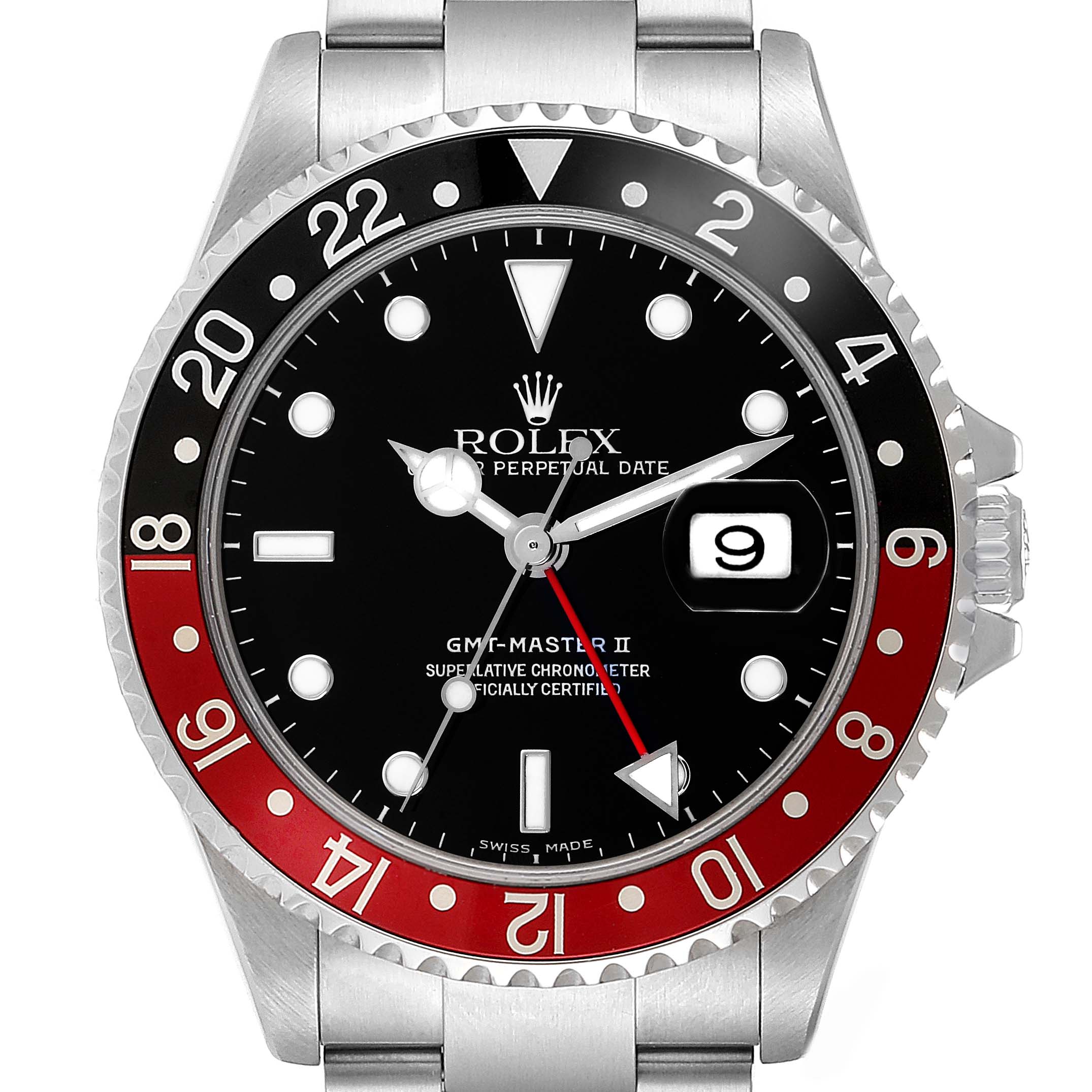 The Rolex GMT-Master 16710 Men
s Stainless Steel Black Dial 16710 Men
s Stainless Steel Black Dial watch is shown from the front, displaying the bezel, dial, hands, and date magnifier.
