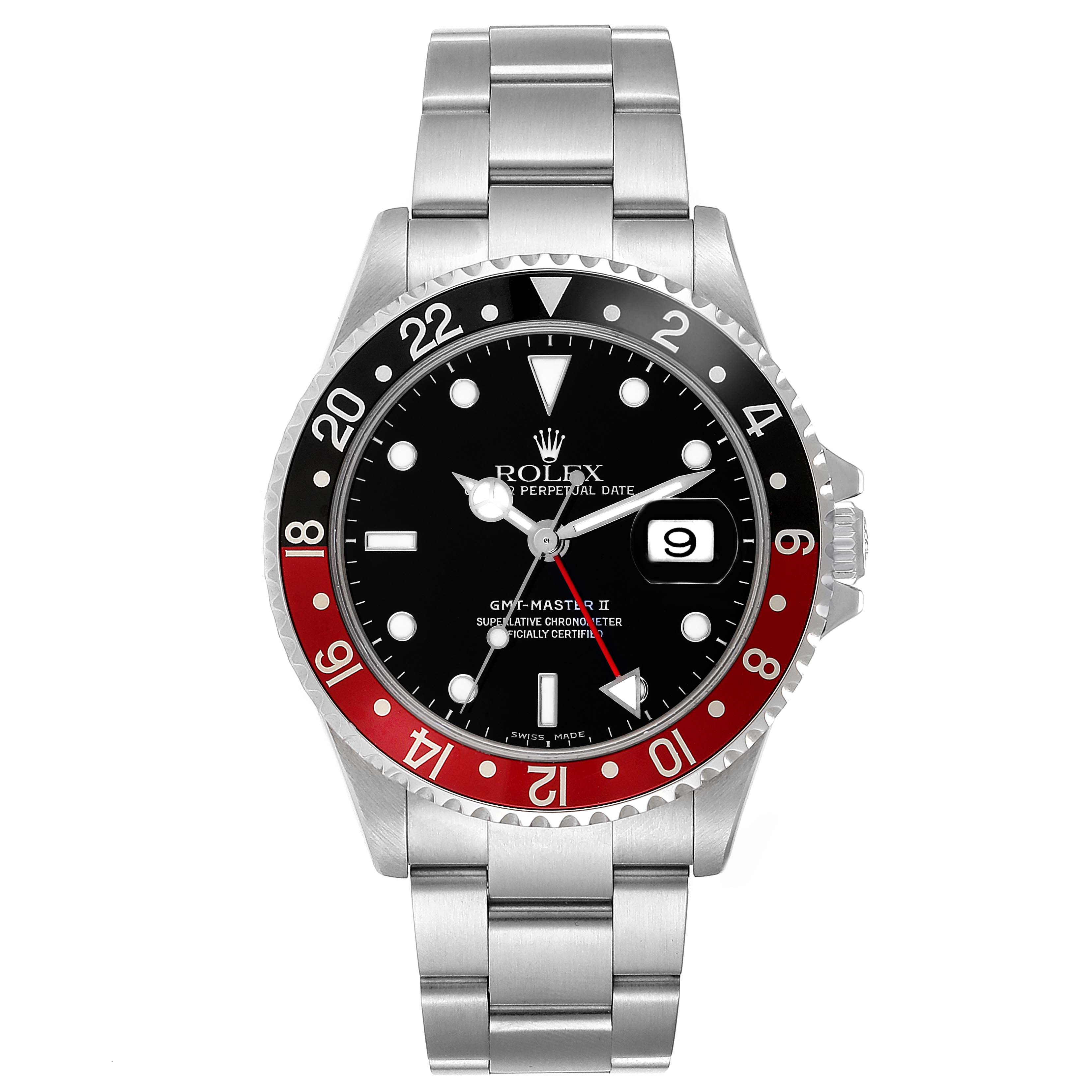 The Rolex GMT-Master 16710 Men
s Stainless Steel Black Dial 16710 Men
s Stainless Steel Black Dial watch is shown from a front angle, displaying the face, bezel, and bracelet.