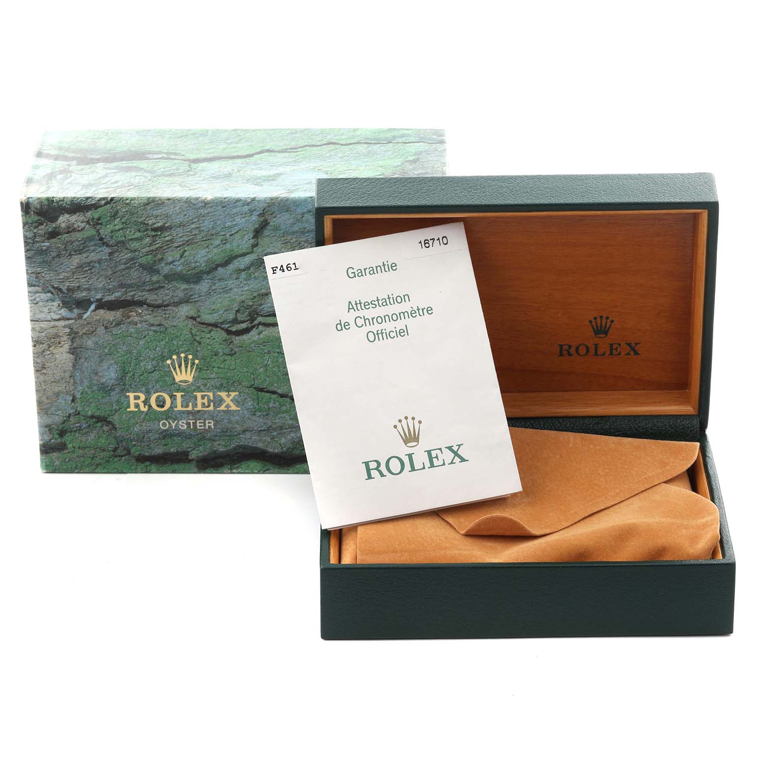 The image shows the packaging and manual for a Rolex GMT-Master 16710 Men
s Stainless Steel Black Dial 16710 Men
s Stainless Steel Black Dial watch, featuring the box and warranty paper.