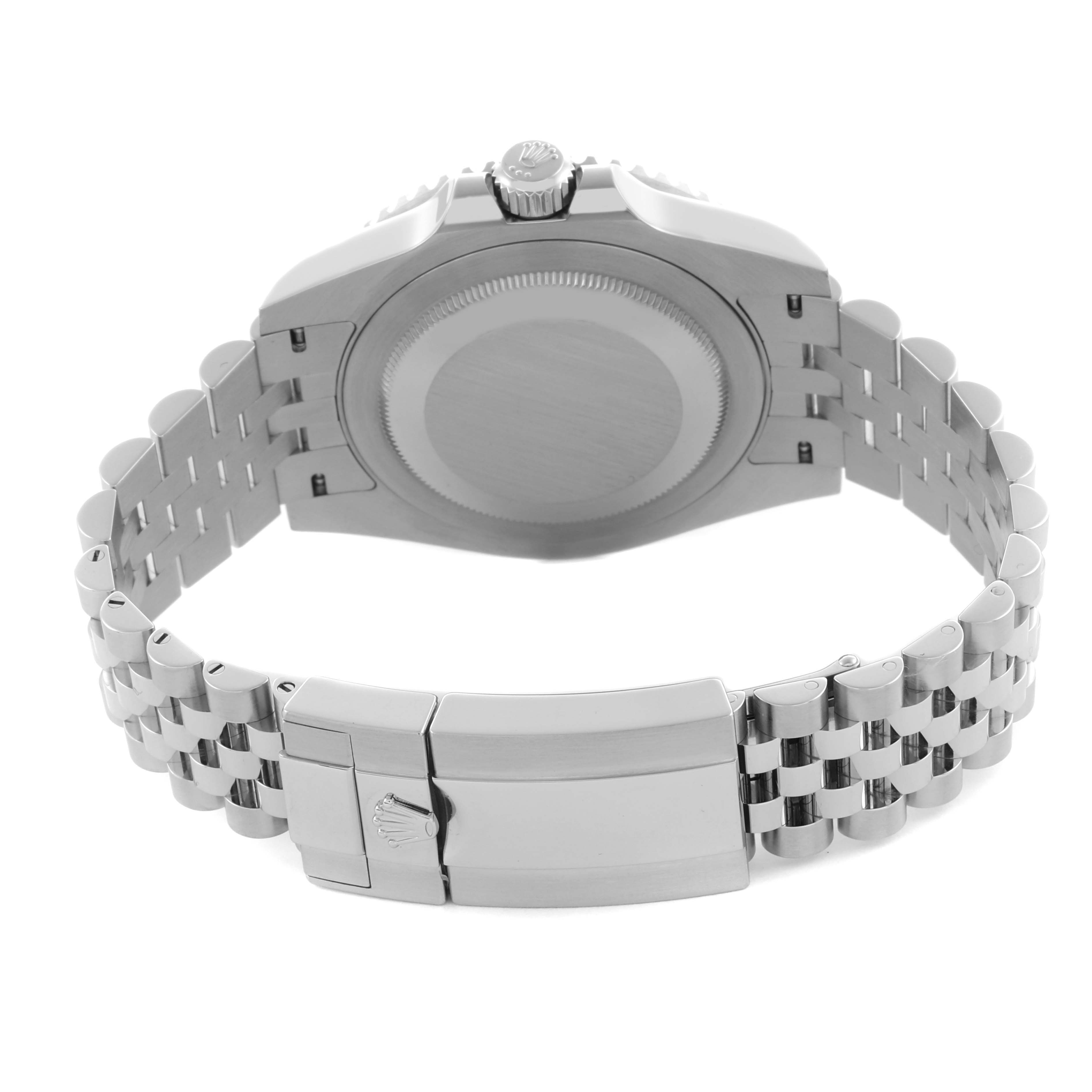 The Rolex GMT-Master 126710BLRO Men's Stainless Steel Black Dial watch is shown from the back, highlighting the case back, bracelet, and clasp.