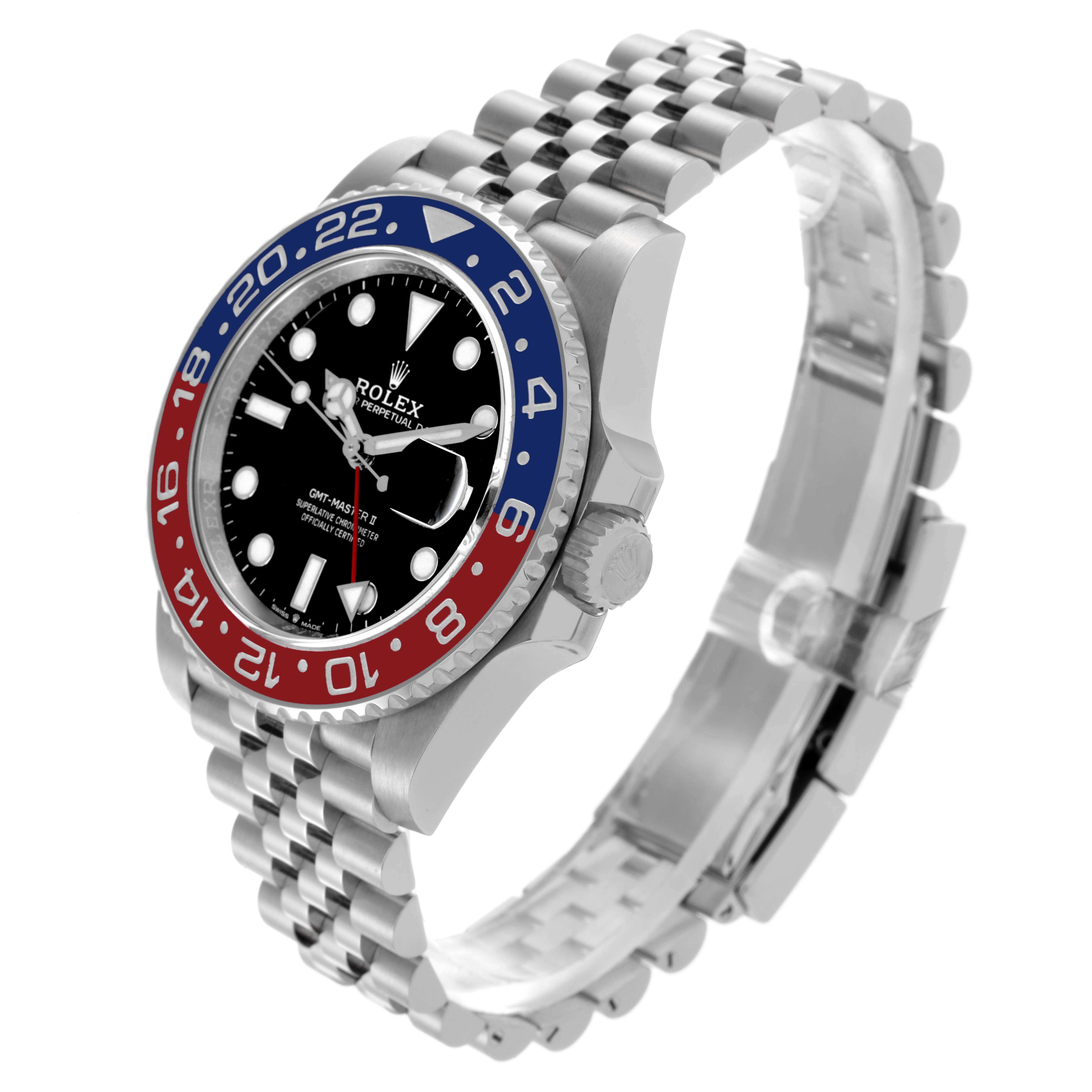 The Rolex GMT-Master 126710BLRO Men's Stainless Steel Black Dial watch is shown at a 3/4 angle, highlighting the bezel, dial, crown, and bracelet.
