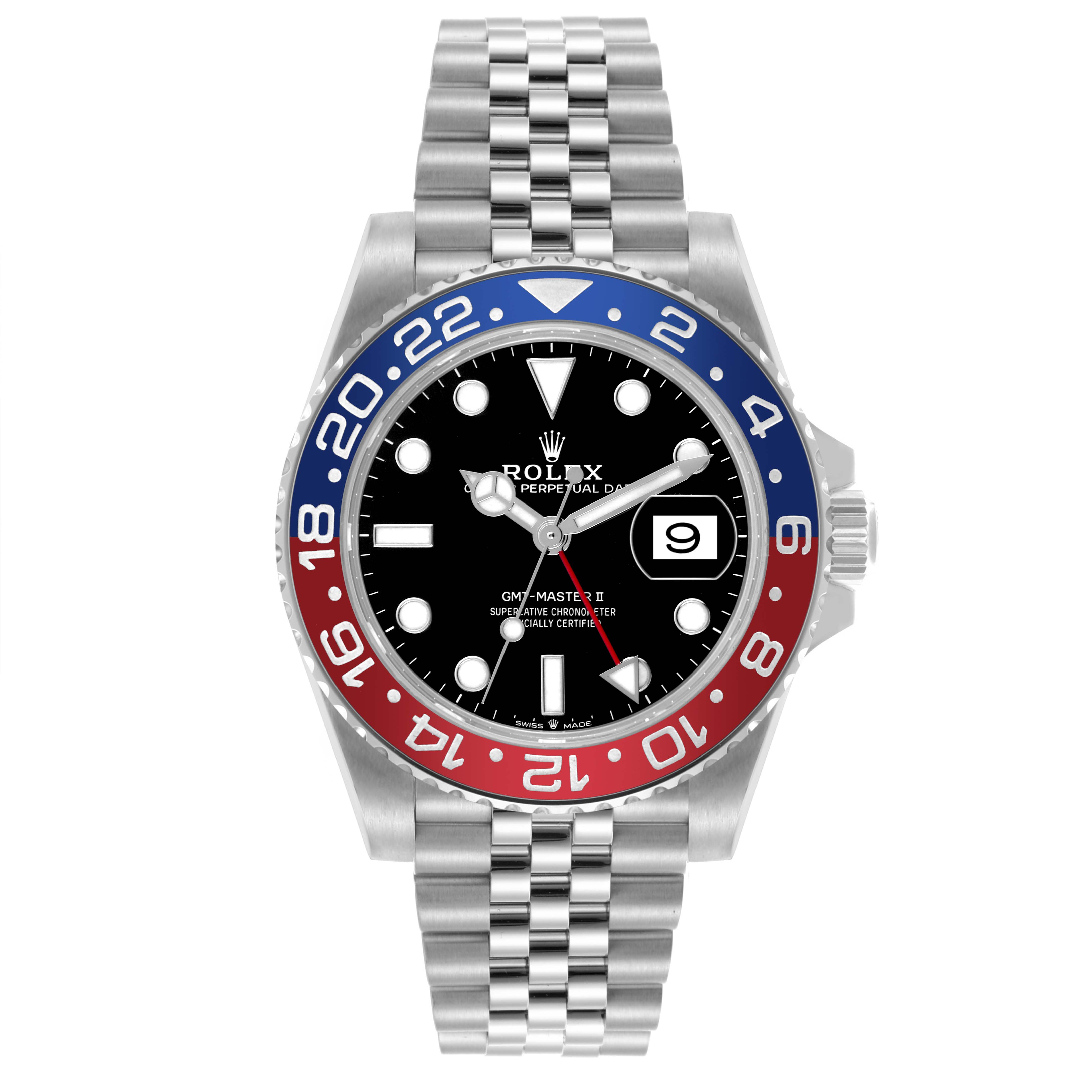 The Rolex GMT-Master 126710BLRO Men's Stainless Steel Black Dial model is shown from the front, highlighting its bezel, dial, hands, and bracelet.