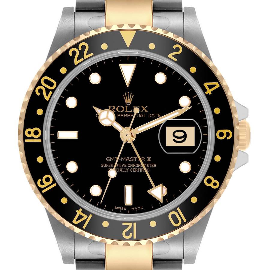 The image shows a front view of the Rolex GMT-Master II watch, featuring its bezel, dial, and part of the bracelet.