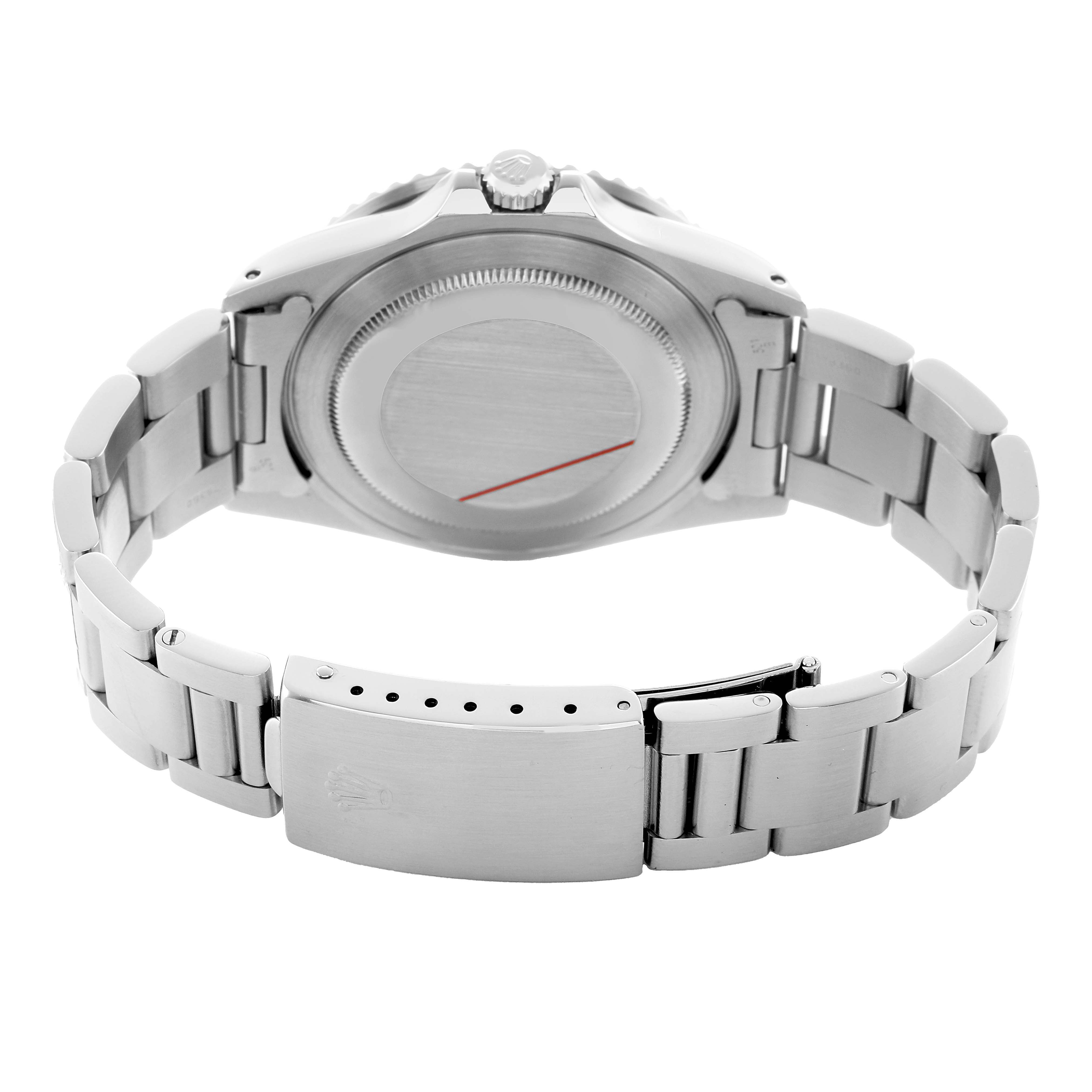 The image shows the back case and bracelet of a Rolex GMT-Master 16700 Men's Stainless Steel Black Dial watch from a rear angle.