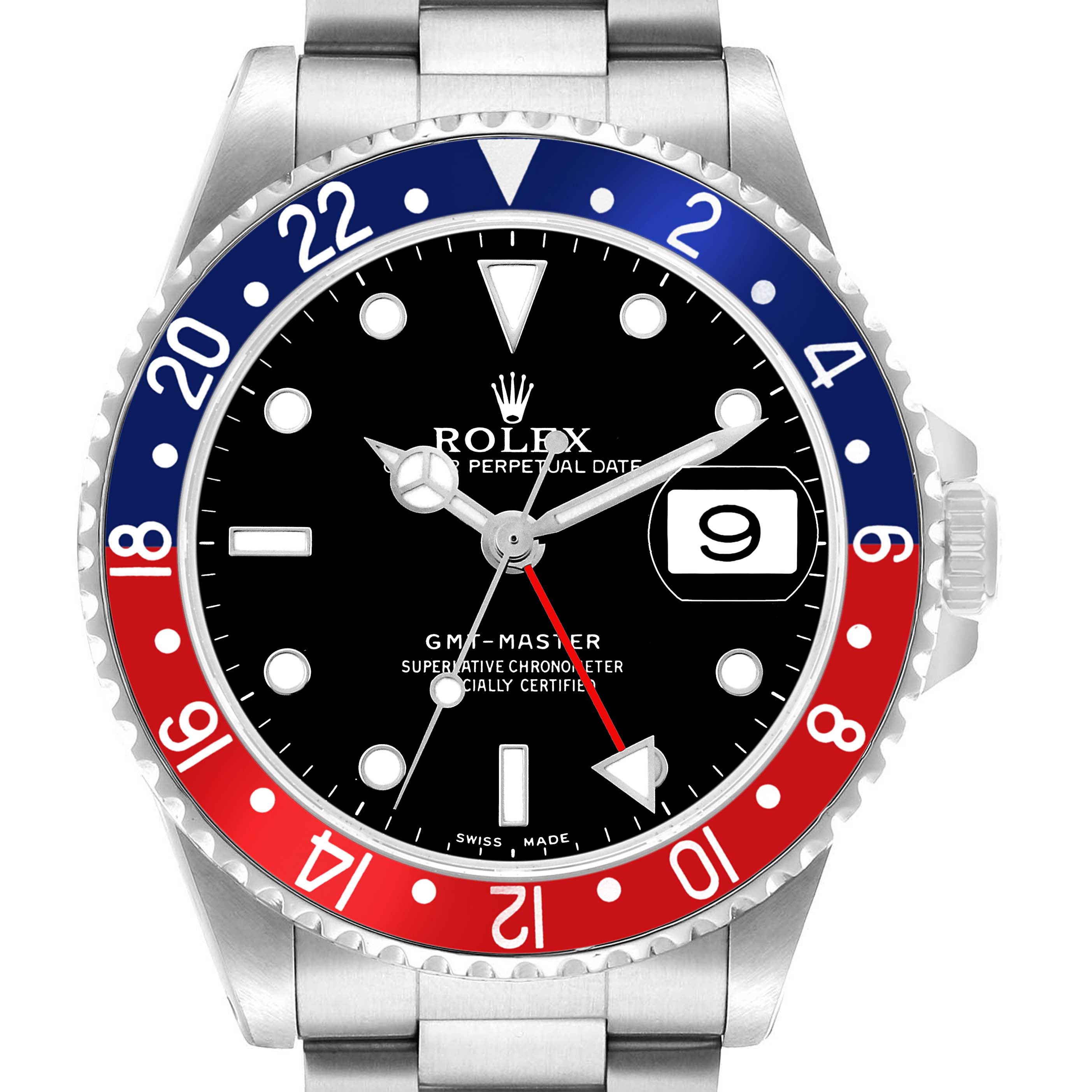 The Rolex GMT-Master 16700 Men's Stainless Steel Black Dial watch is shown from the front, highlighting its bezel, dial, hands, and bracelet.