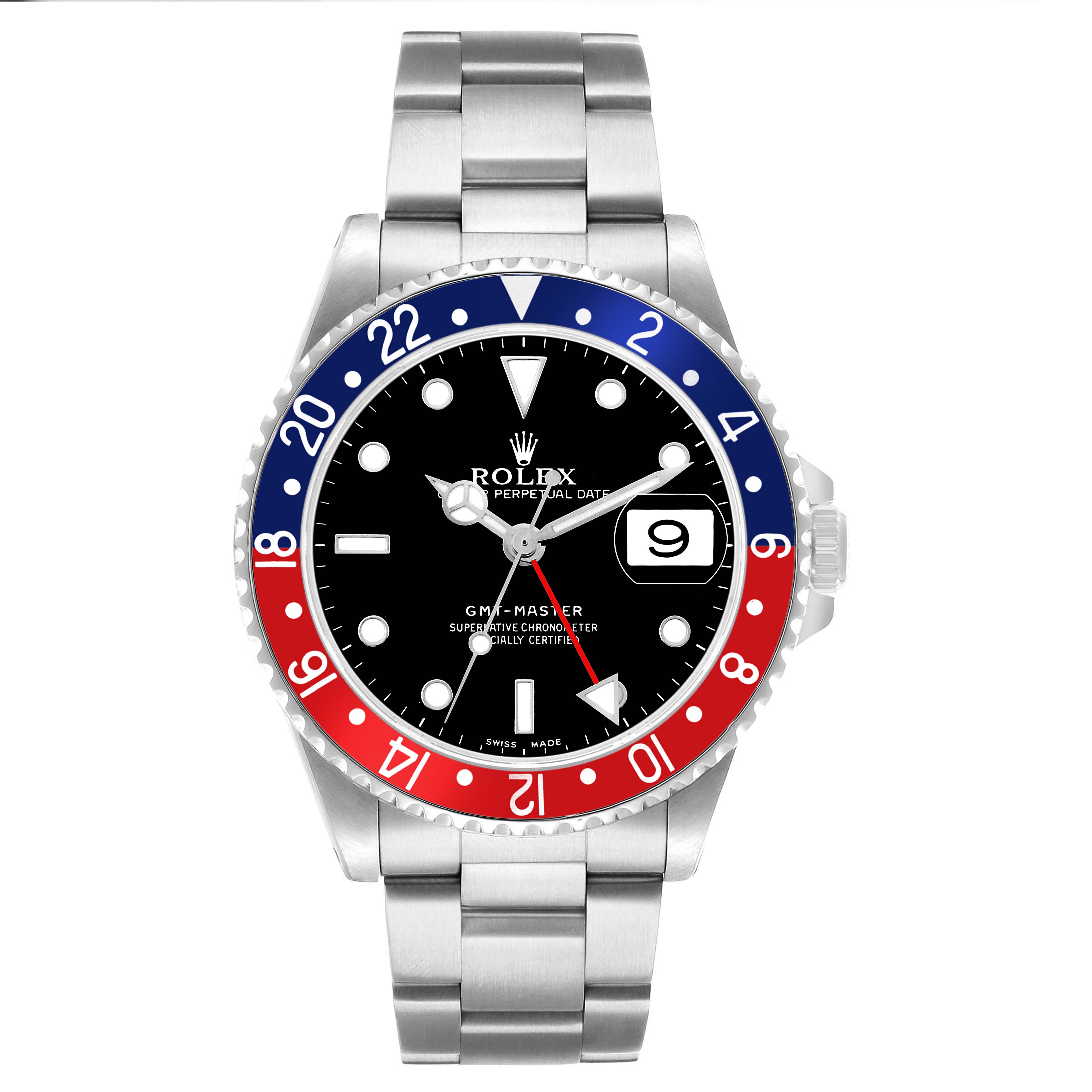 The image shows a frontal view of a Rolex GMT-Master 16700 Men's Stainless Steel Black Dial watch, highlighting the bezel, dial, and bracelet.