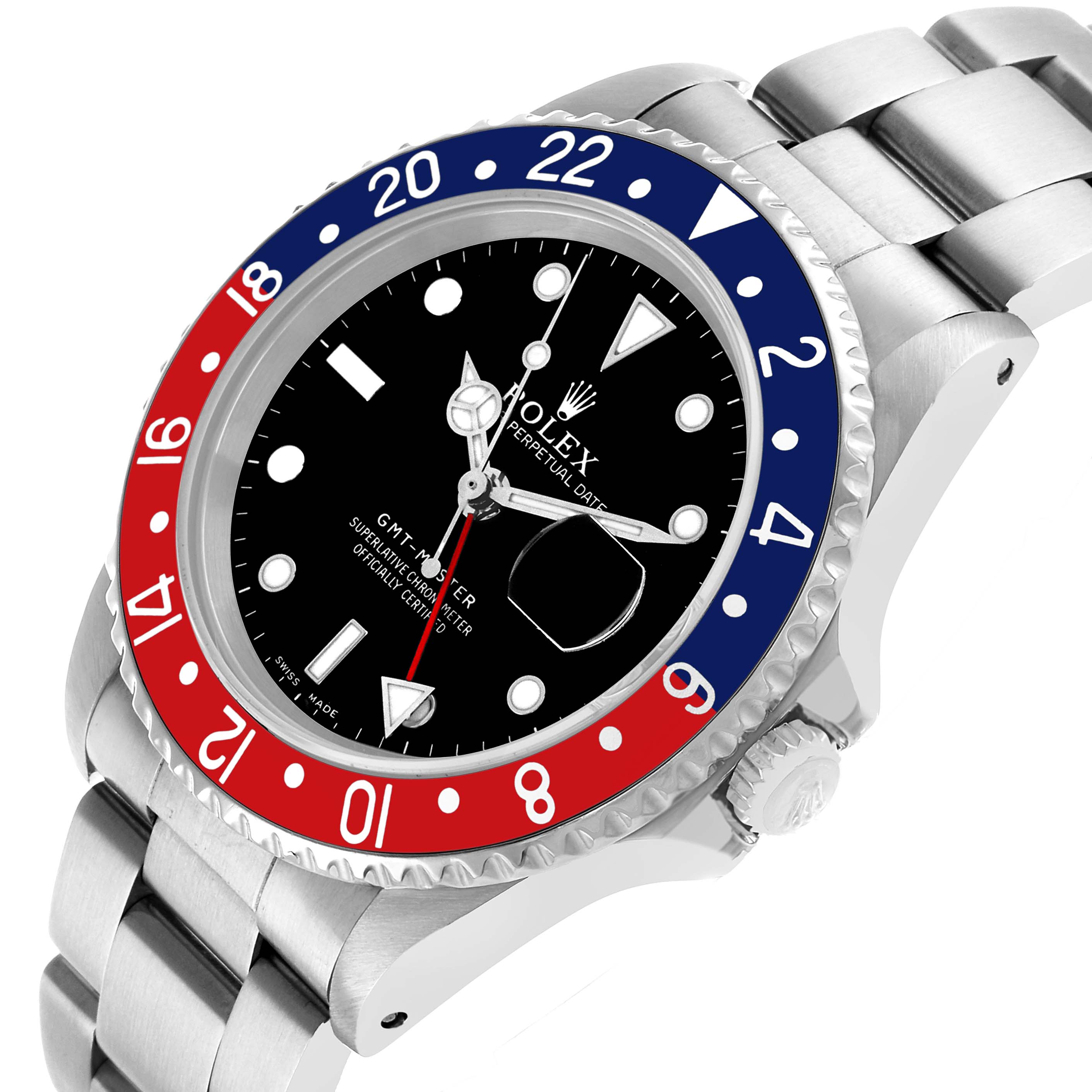 The image shows a Rolex GMT-Master 16700 Men's Stainless Steel Black Dial watch at an angled view, displaying the bezel, dial, crown, and part of the bracelet.