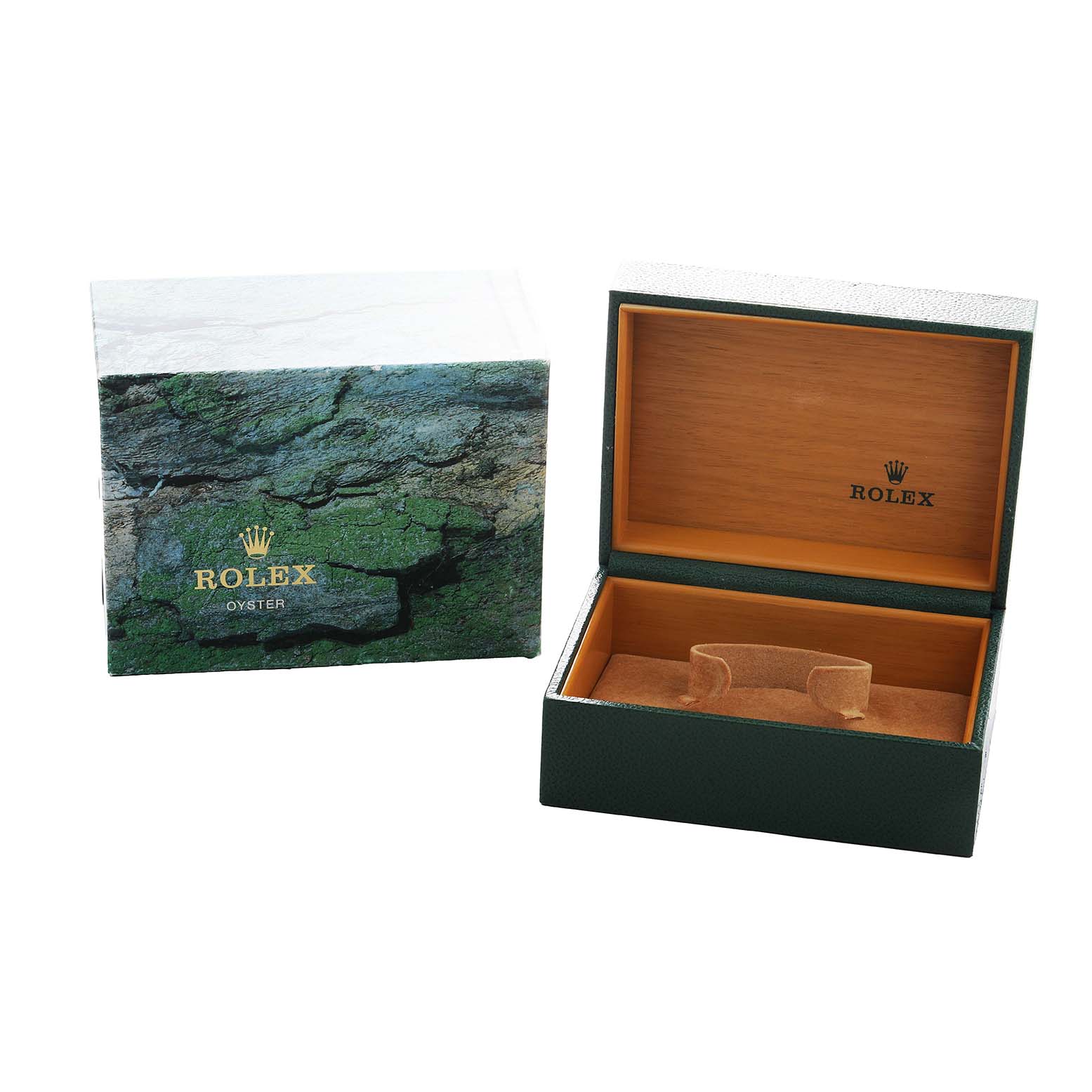 The image shows a Rolex GMT-Master 16700 Men's Stainless Steel Black Dial packaging box open at an angle, revealing its interior.