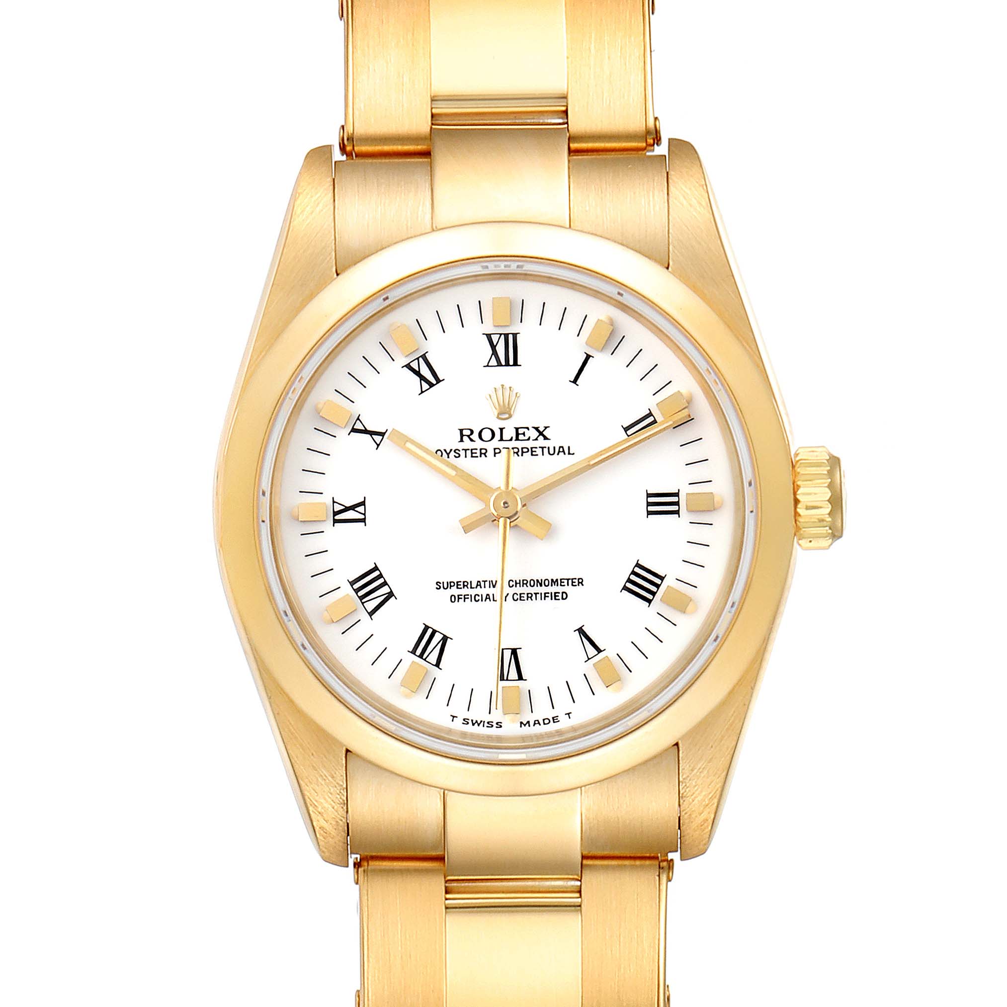The image shows a front view of a Rolex President 67488 Women
s Yellow Gold White Dial 67488 Women
s Yellow Gold White Dial model watch.