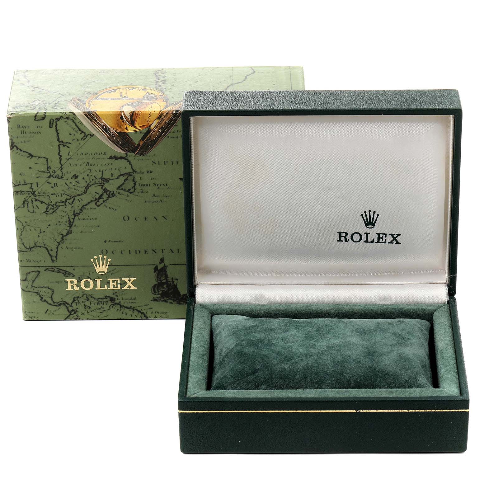 This image shows an open box and outer packaging for the Rolex President 67488 Women
s Yellow Gold White Dial 67488 Women
s Yellow Gold White Dial model watch.