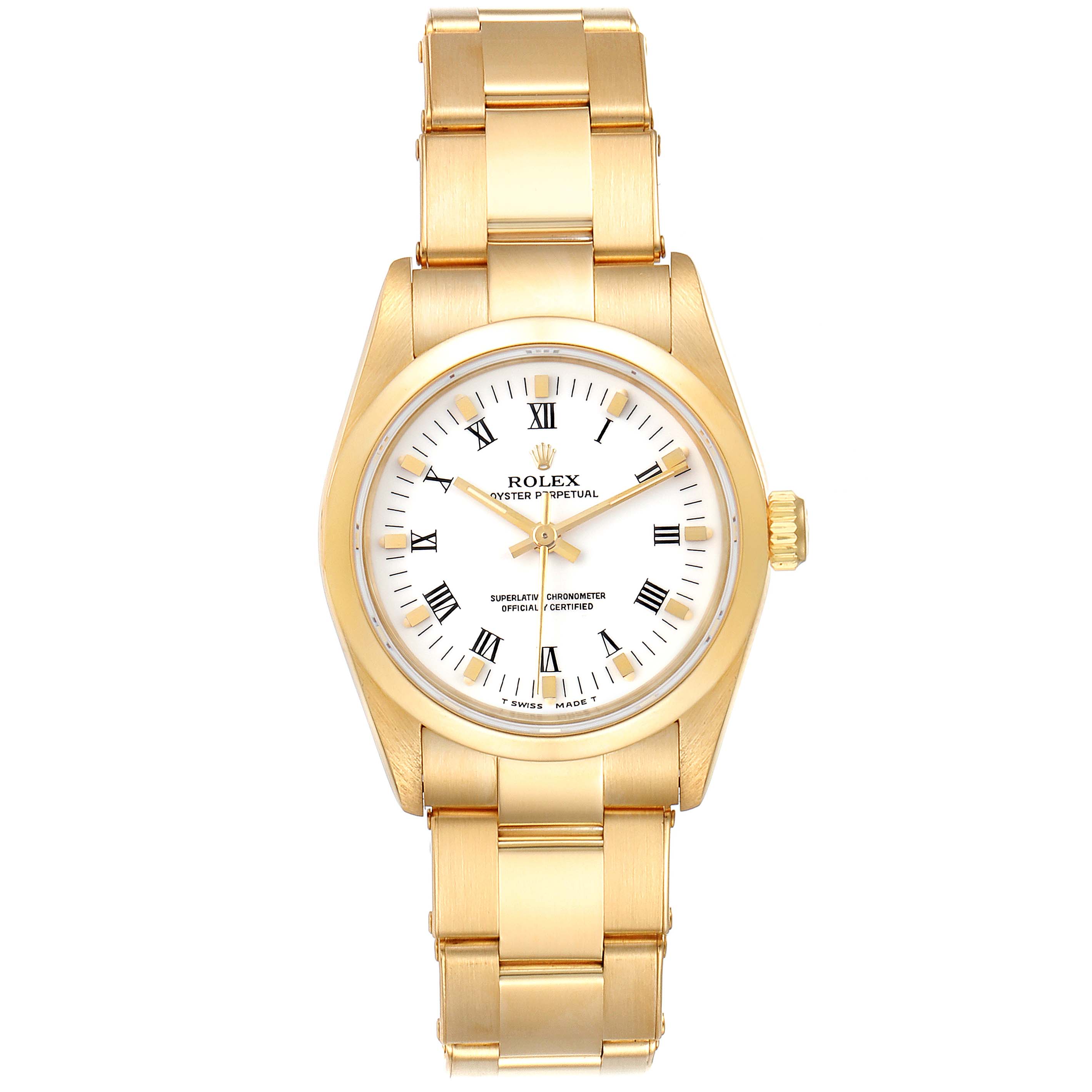 The image shows a full frontal view of the Rolex President 67488 Women
s Yellow Gold White Dial 67488 Women
s Yellow Gold White Dial model watch, displaying its gold bracelet and white Roman numeral dial.
