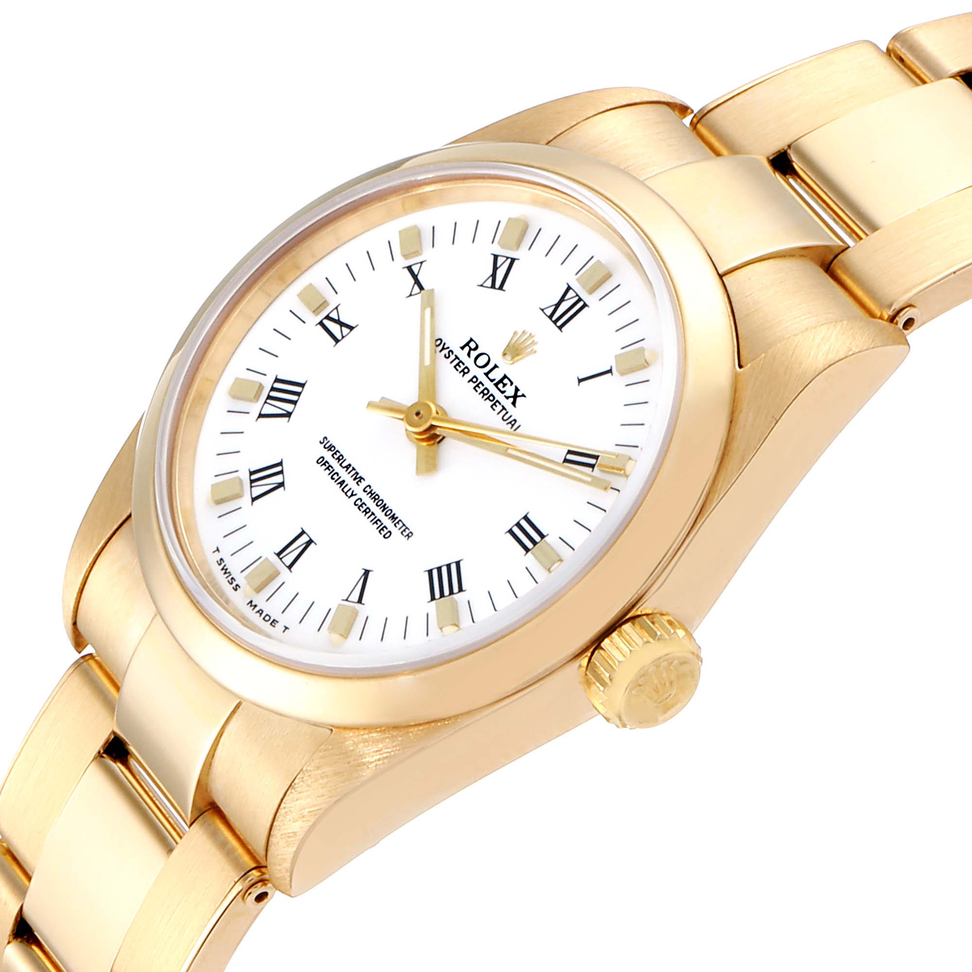 The image shows a close-up angled view of a Rolex President 67488 Women
s Yellow Gold White Dial 67488 Women
s Yellow Gold White Dial model watch, highlighting the dial, bezel, crown, and part of the bracelet.