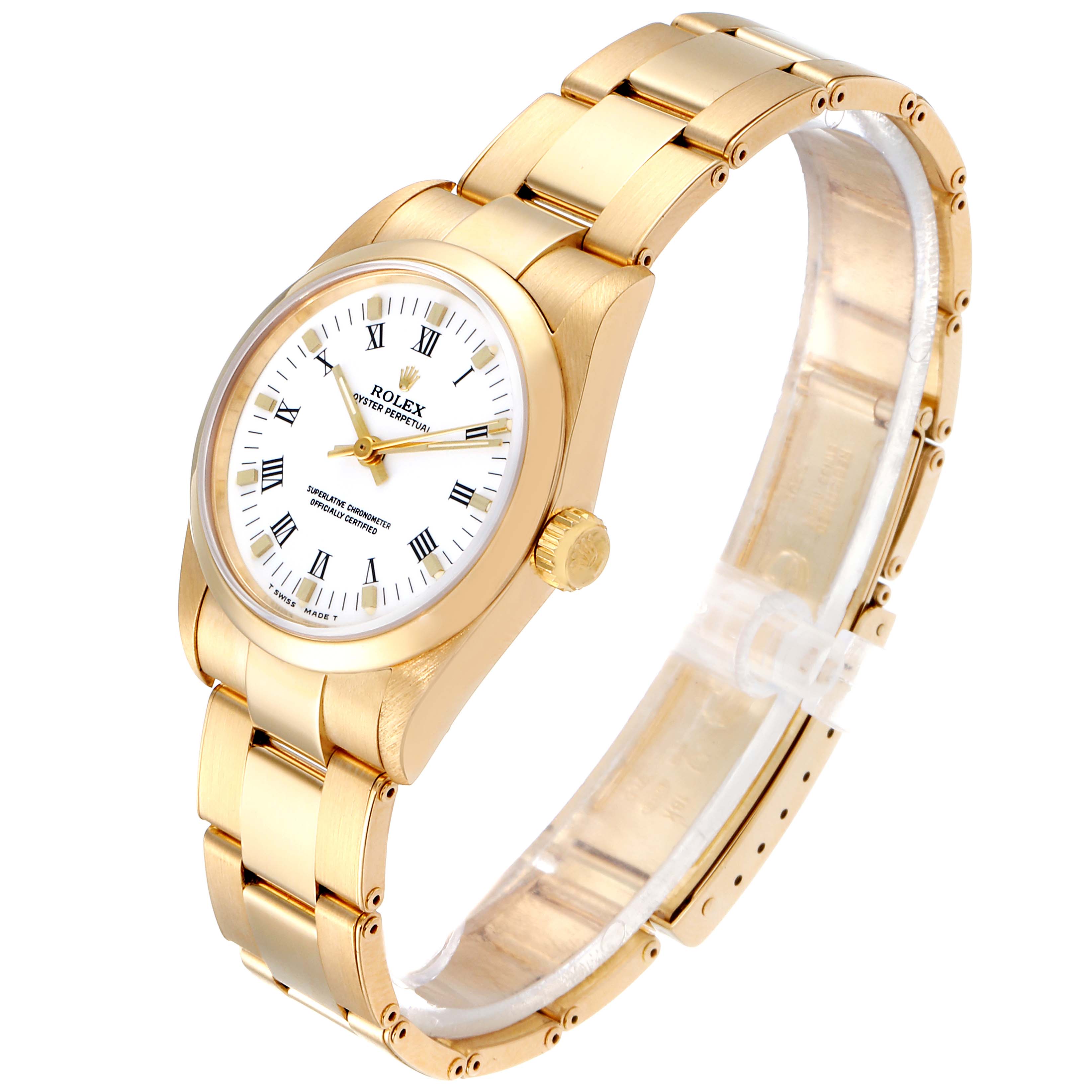 The image shows a side angle of a Rolex President 67488 Women
s Yellow Gold White Dial 67488 Women
s Yellow Gold White Dial model watch, highlighting its bracelet, bezel, crown, and face.