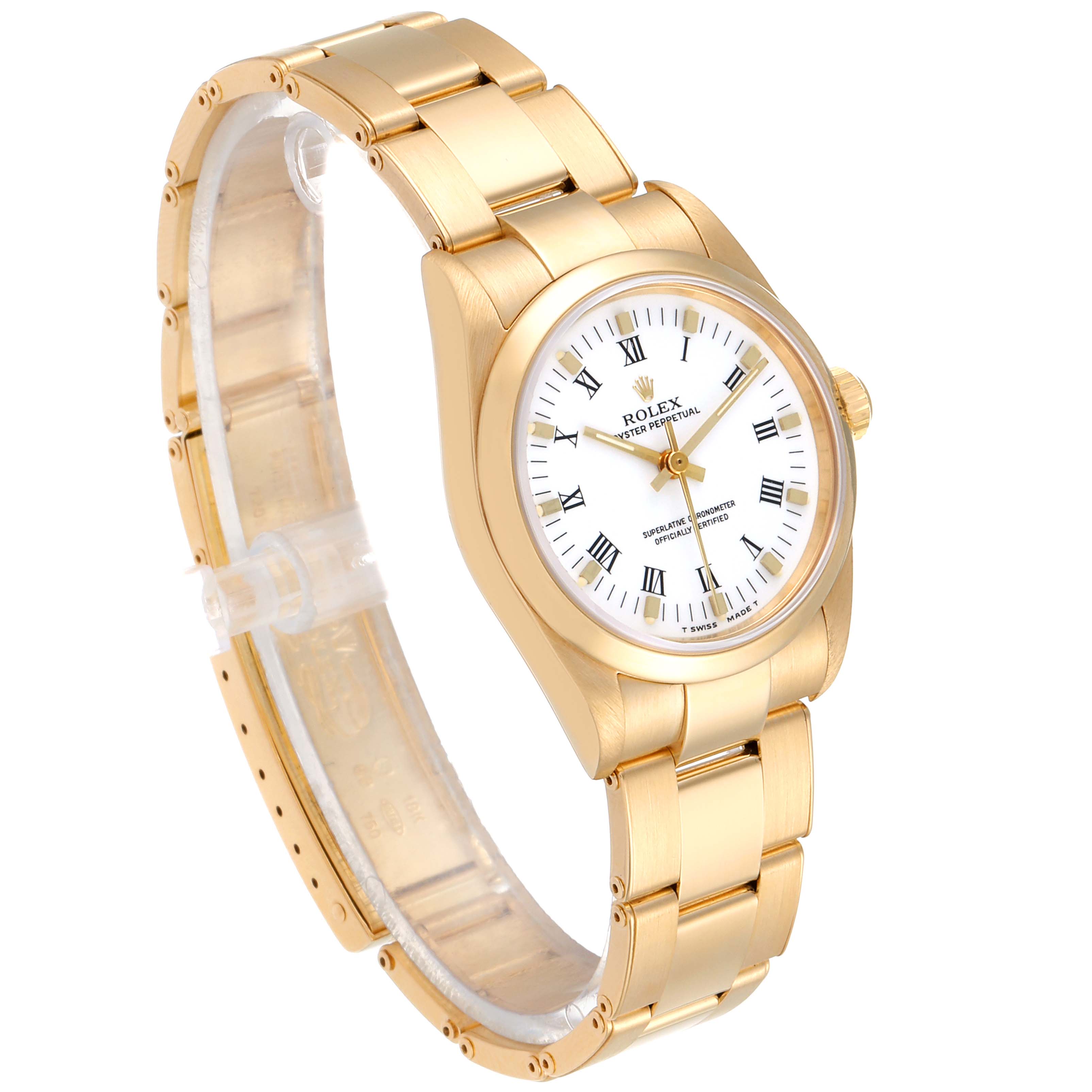 The image shows a side-angle view of the Rolex President 67488 Women
s Yellow Gold White Dial 67488 Women
s Yellow Gold White Dial model, highlighting the gold bracelet and white dial with Roman numerals.