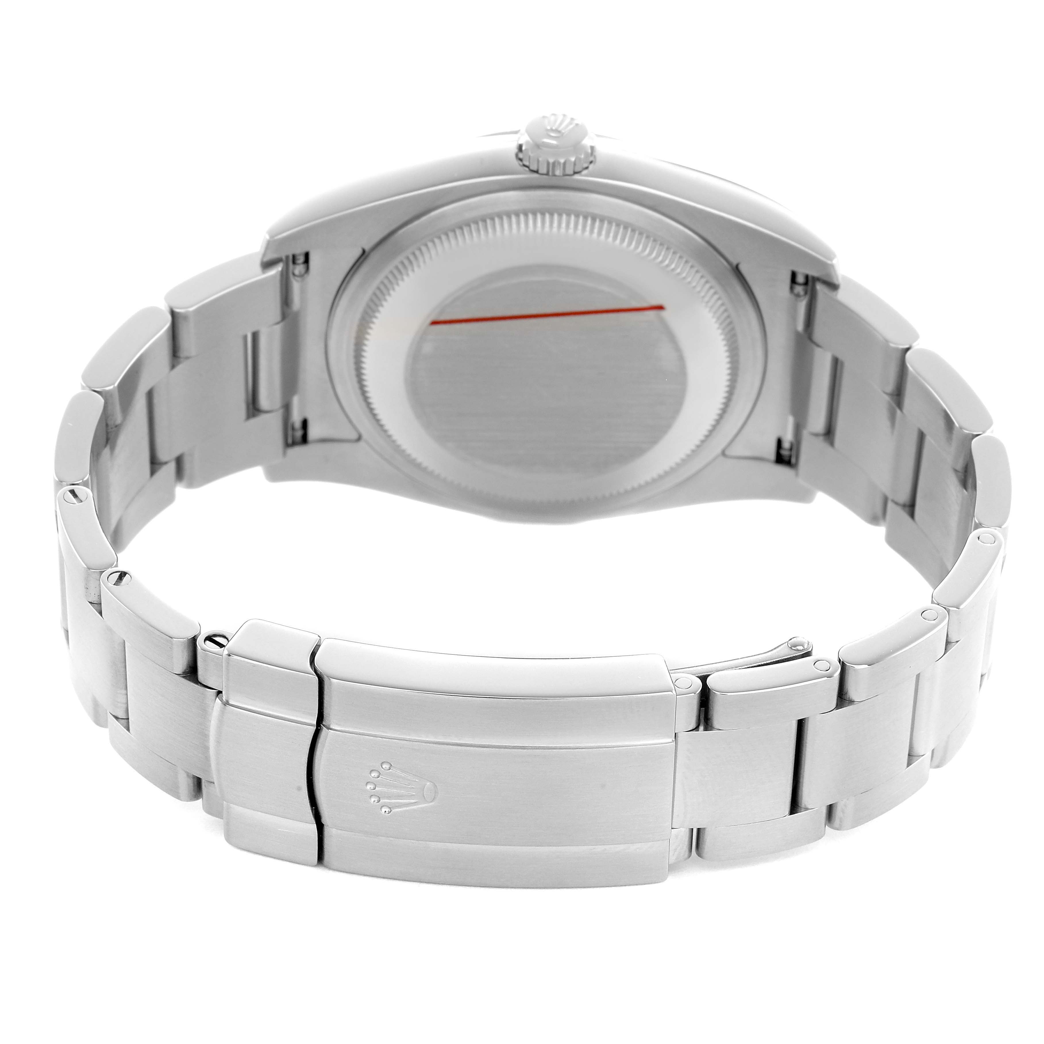 The image shows the back view of the Rolex Oyster Perpetual 116000 Men's Stainless Steel Silver Dial, displaying the bracelet and clasp.