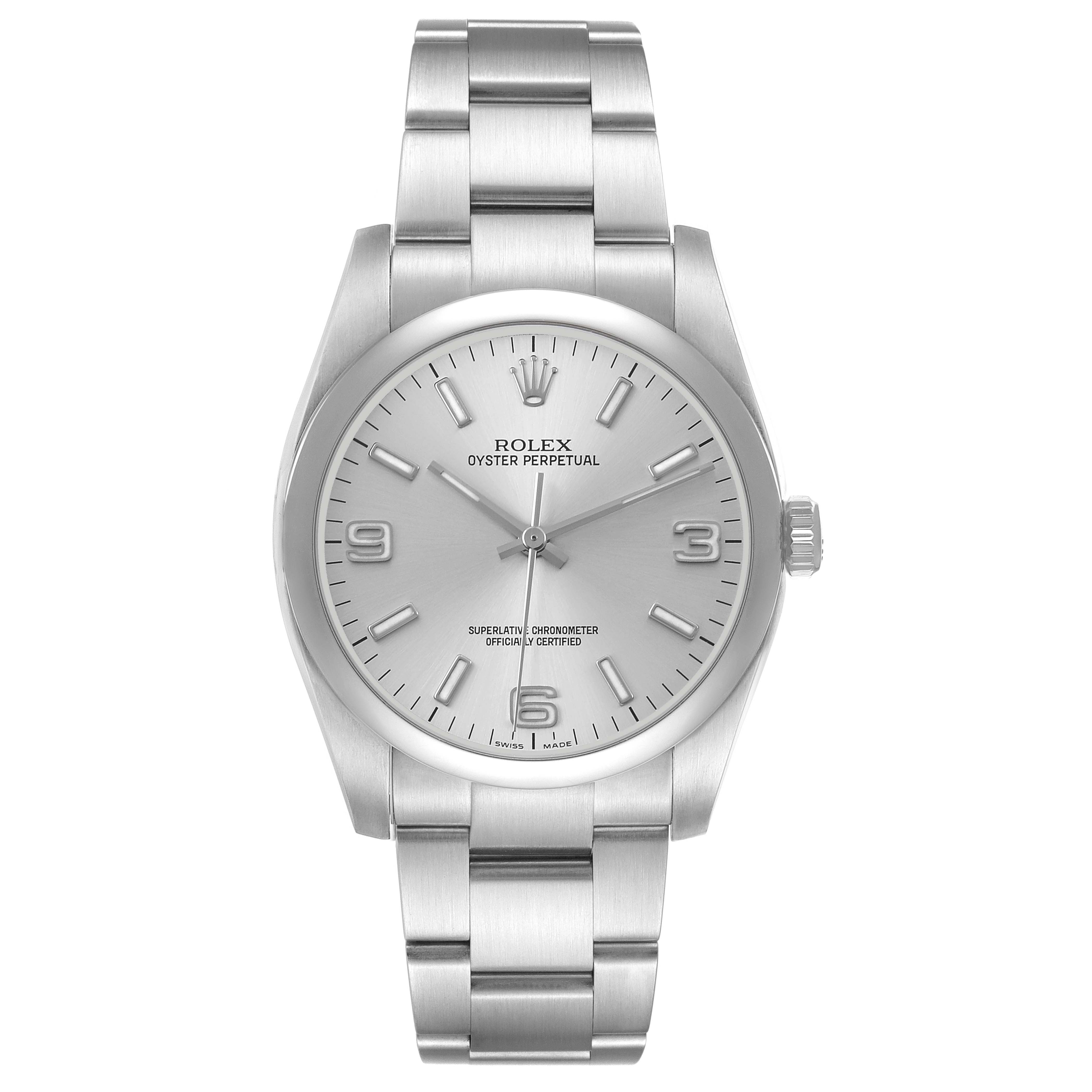 The Rolex Oyster Perpetual 116000 Men's Stainless Steel Silver Dial watch is shown from a front angle, displaying the dial, bezel, and bracelet clearly.