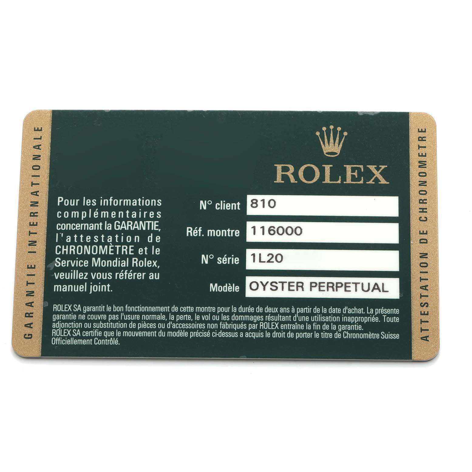This image shows a Rolex Oyster Perpetual 116000 Men's Stainless Steel Silver Dial warranty card with model, reference, and serial numbers.