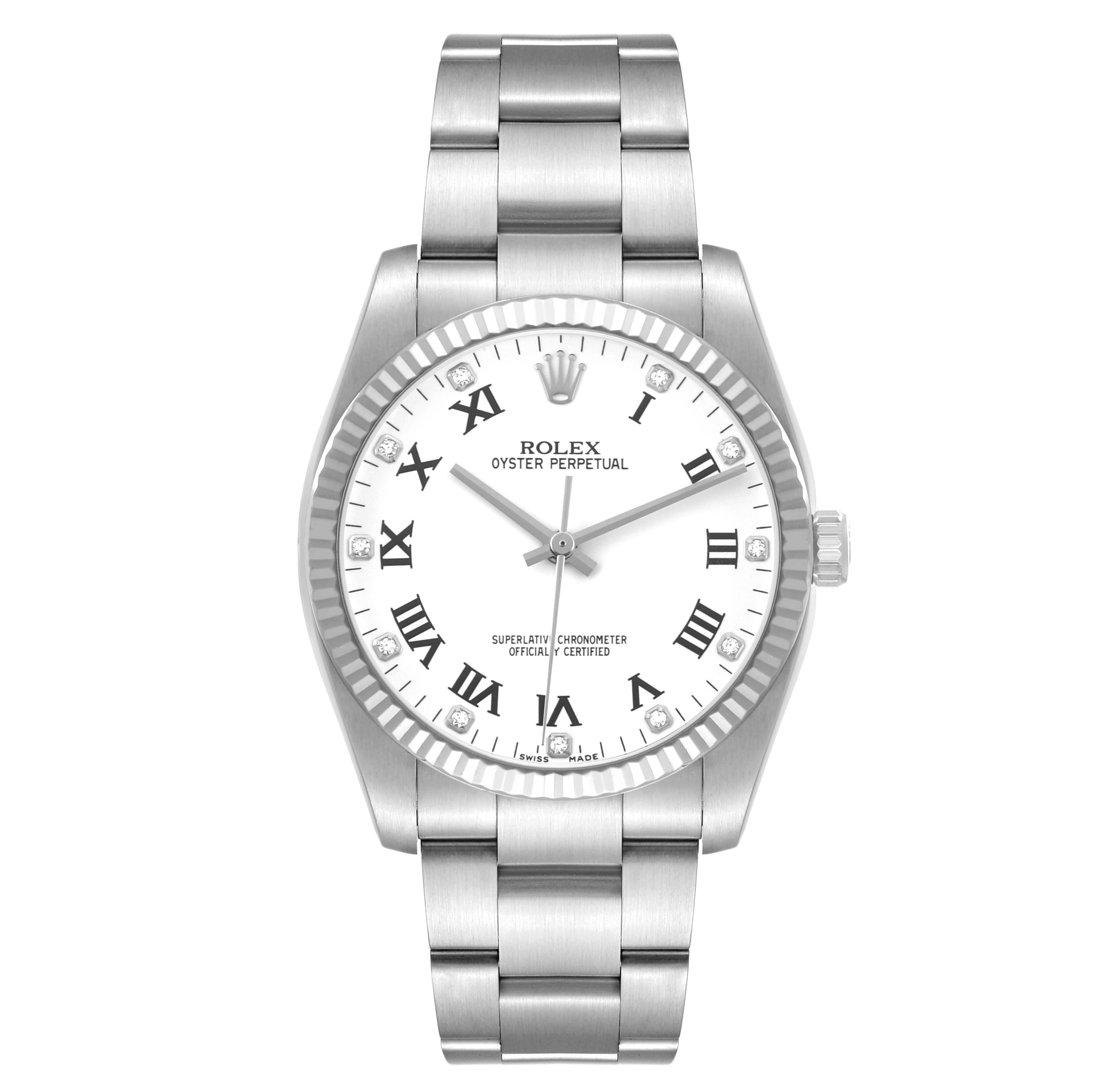 The image shows a front view of the Rolex Oyster Perpetual 116034 Men's Stainless Steel White Dial watch, highlighting the dial, bezel, and bracelet.