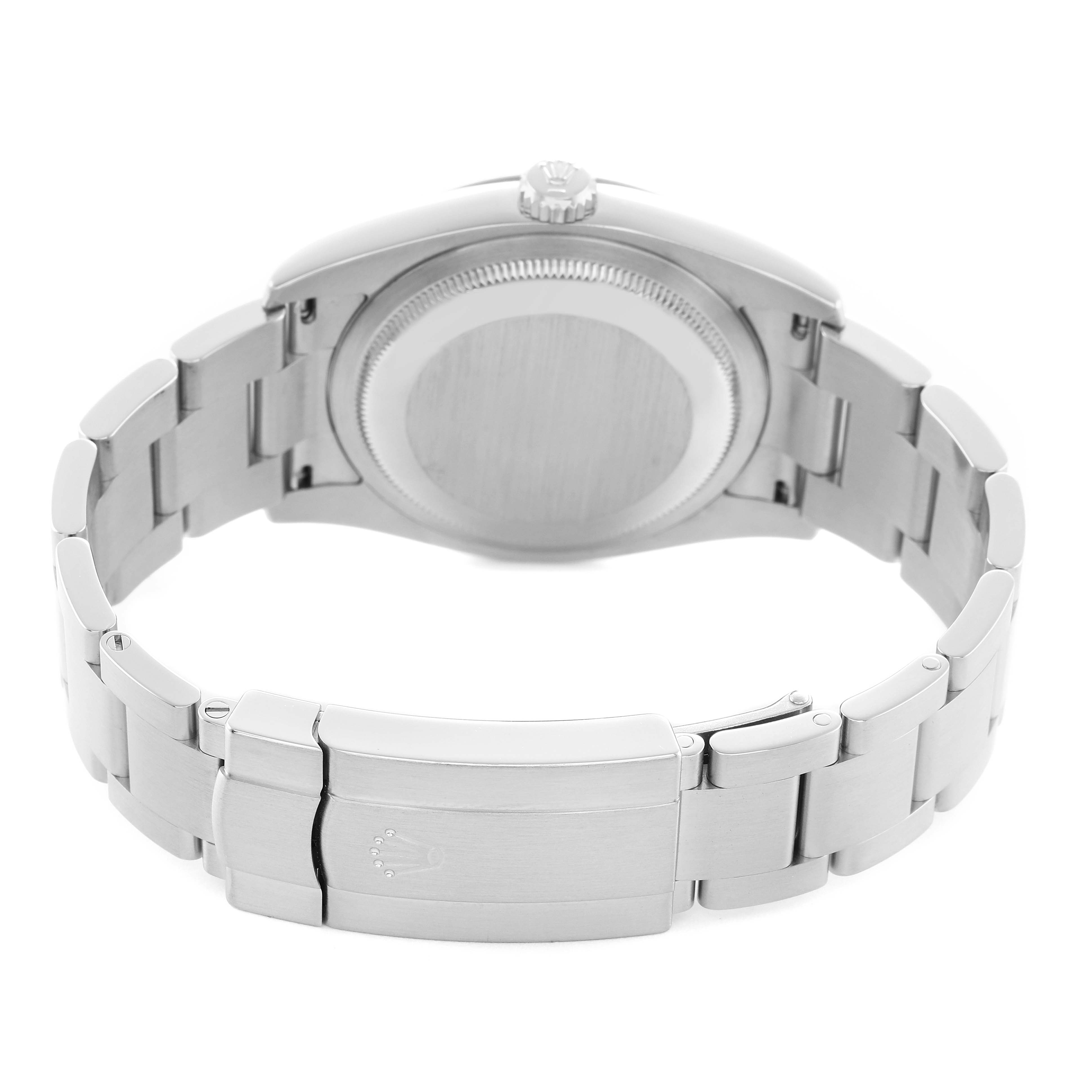 The image shows the back and bracelet clasp of a Rolex Oyster Perpetual 116034 Men's Stainless Steel White Dial watch from a rear angle.