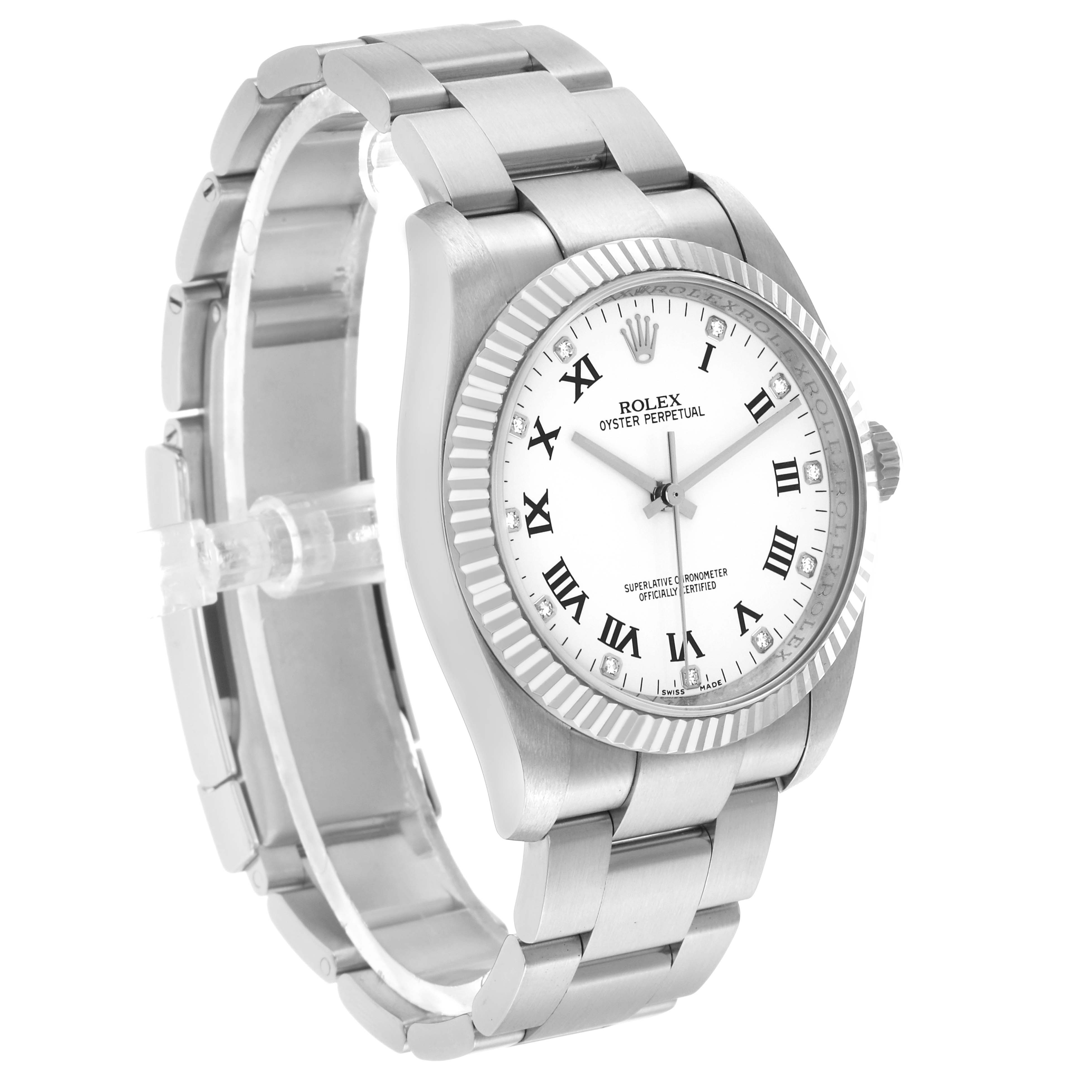 The Rolex Oyster Perpetual 116034 Men's Stainless Steel White Dial watch is shown at a slight angle, highlighting the bezel, face, and bracelet.