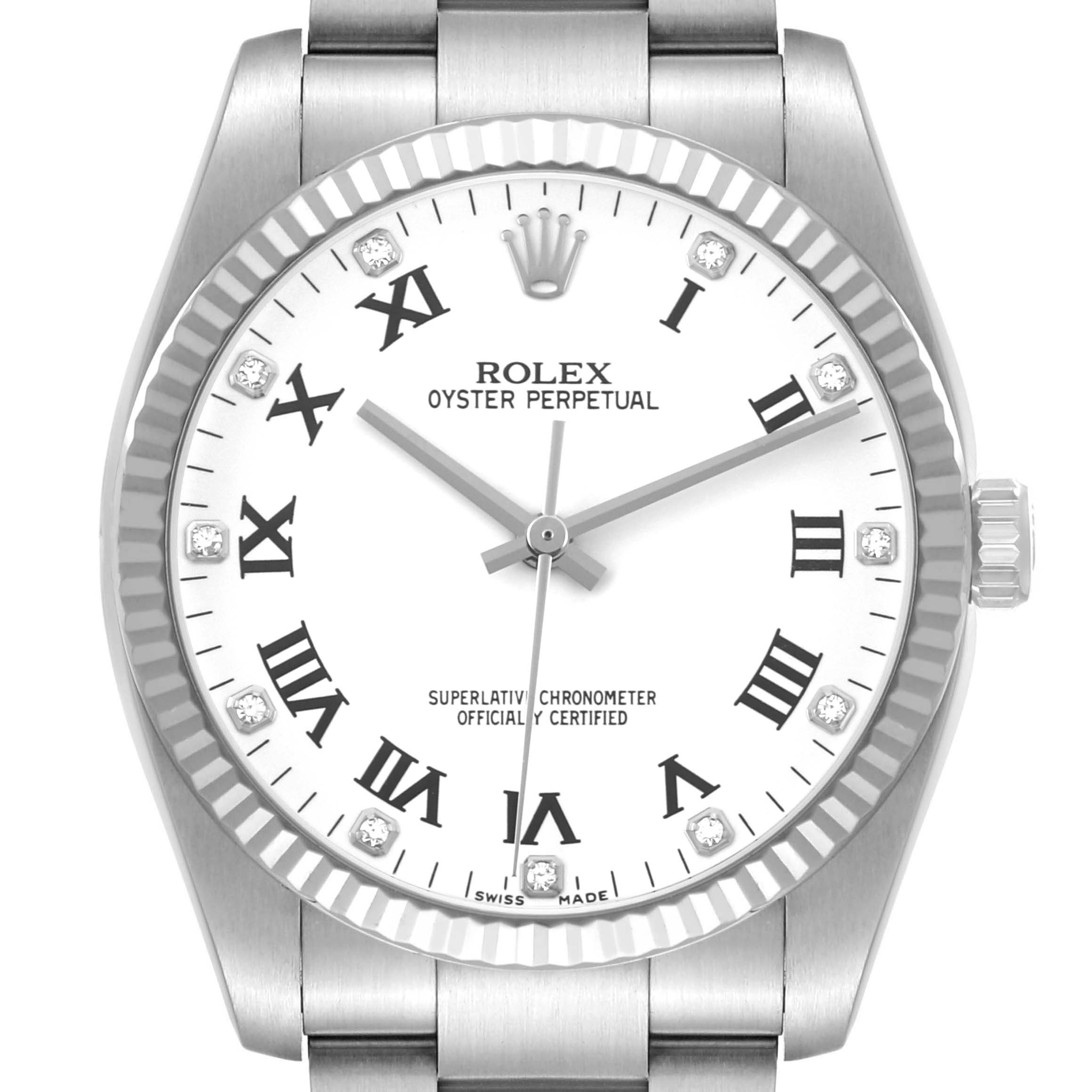 The Rolex Oyster Perpetual 116034 Men's Stainless Steel White Dial watch is shown from the front, displaying the dial, bezel, and part of the bracelet.