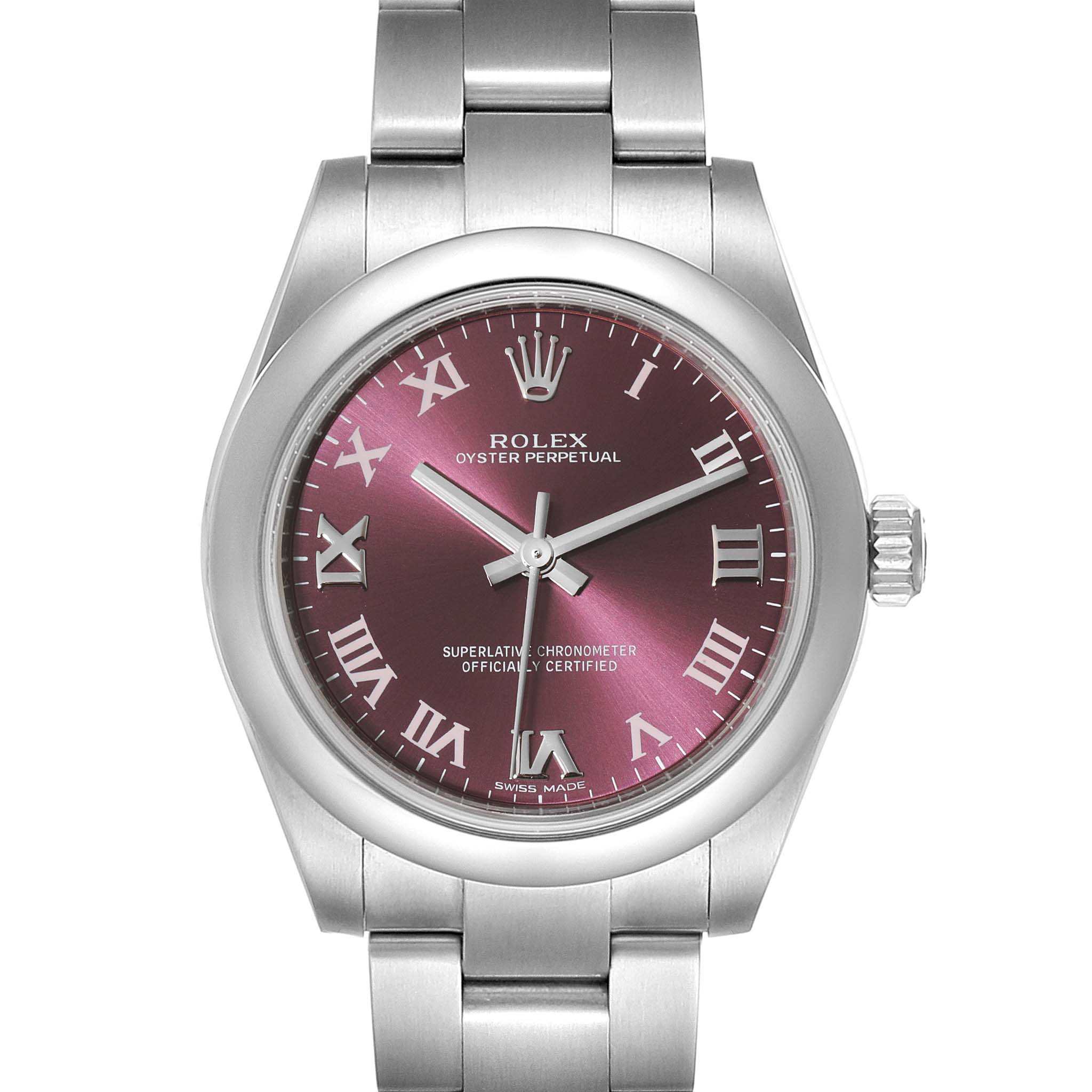 This is a front view of a Rolex Oyster Perpetual Mid-Size watch showcasing its burgundy dial and stainless steel bracelet.