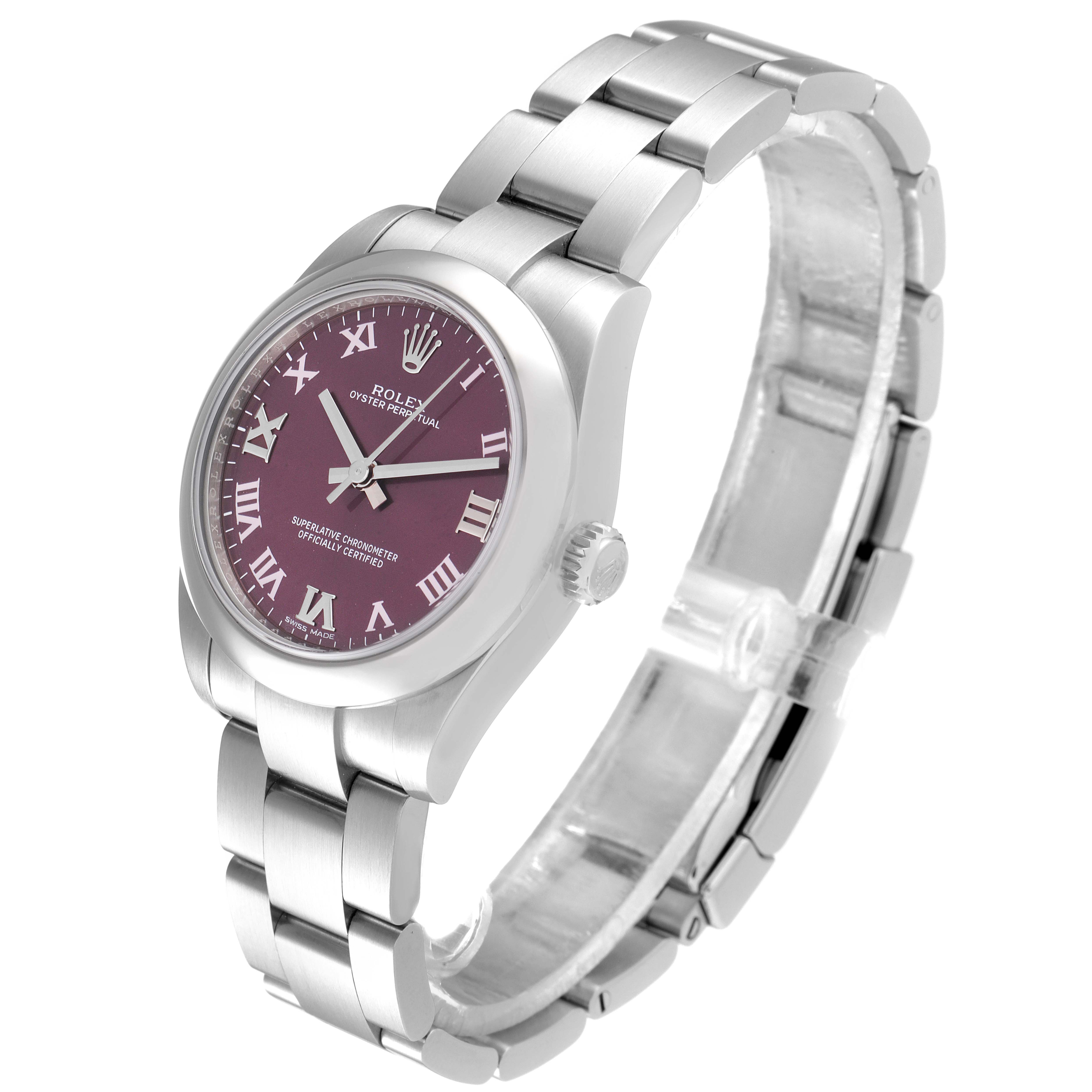 The image shows a Rolex Mid-Size 177200 Women's Stainless Steel Burgundy Dial 177200 Women's Stainless Steel Burgundy Dial Oyster Perpetual watch at a three-quarter angle, highlighting the purple dial and stainless steel bracelet.