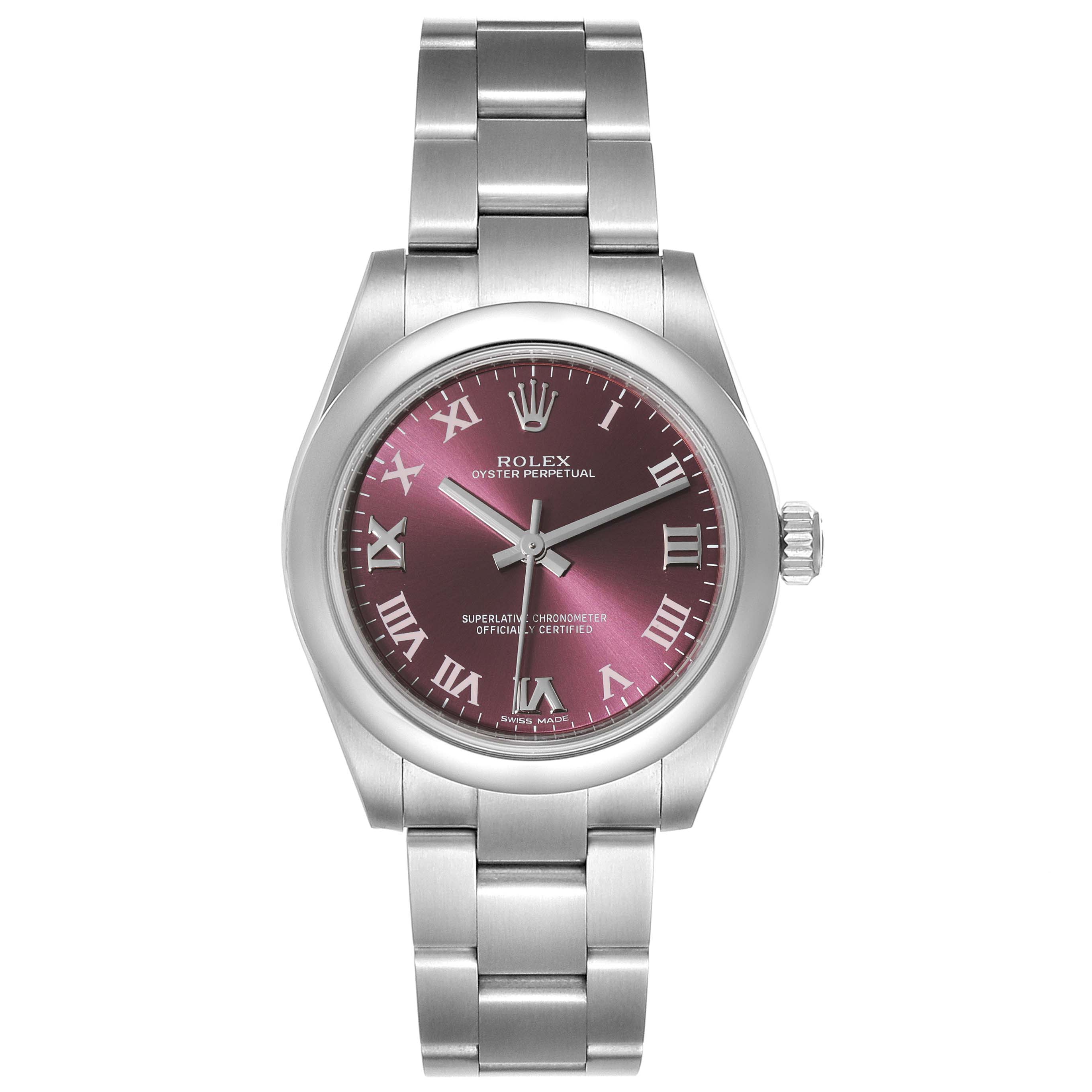 This image shows a front view of a mid-size Rolex Oyster Perpetual watch with a stainless steel bracelet and a purple dial.