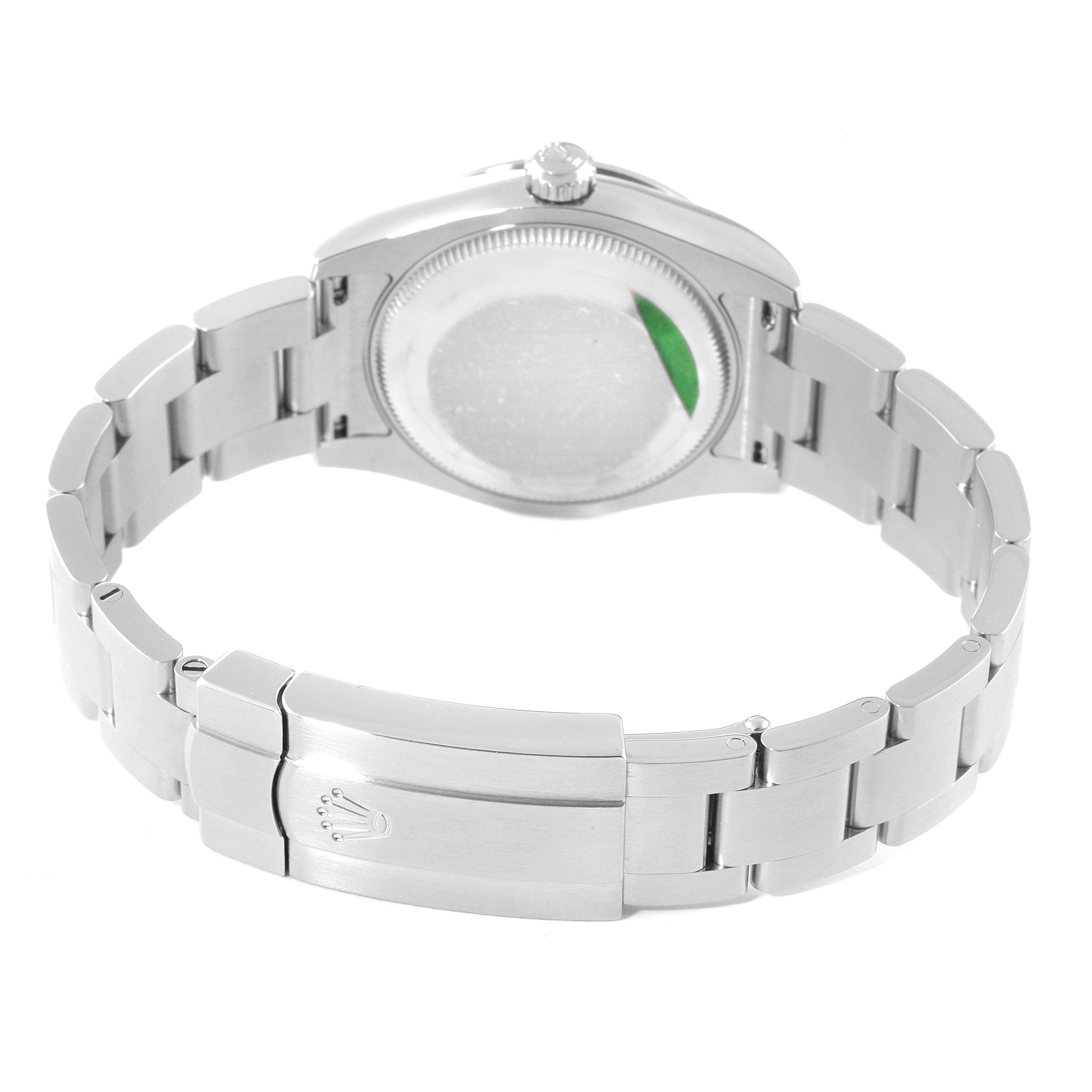 This image shows the back view of a Mid-Size Rolex watch, highlighting the bracelet and clasp.