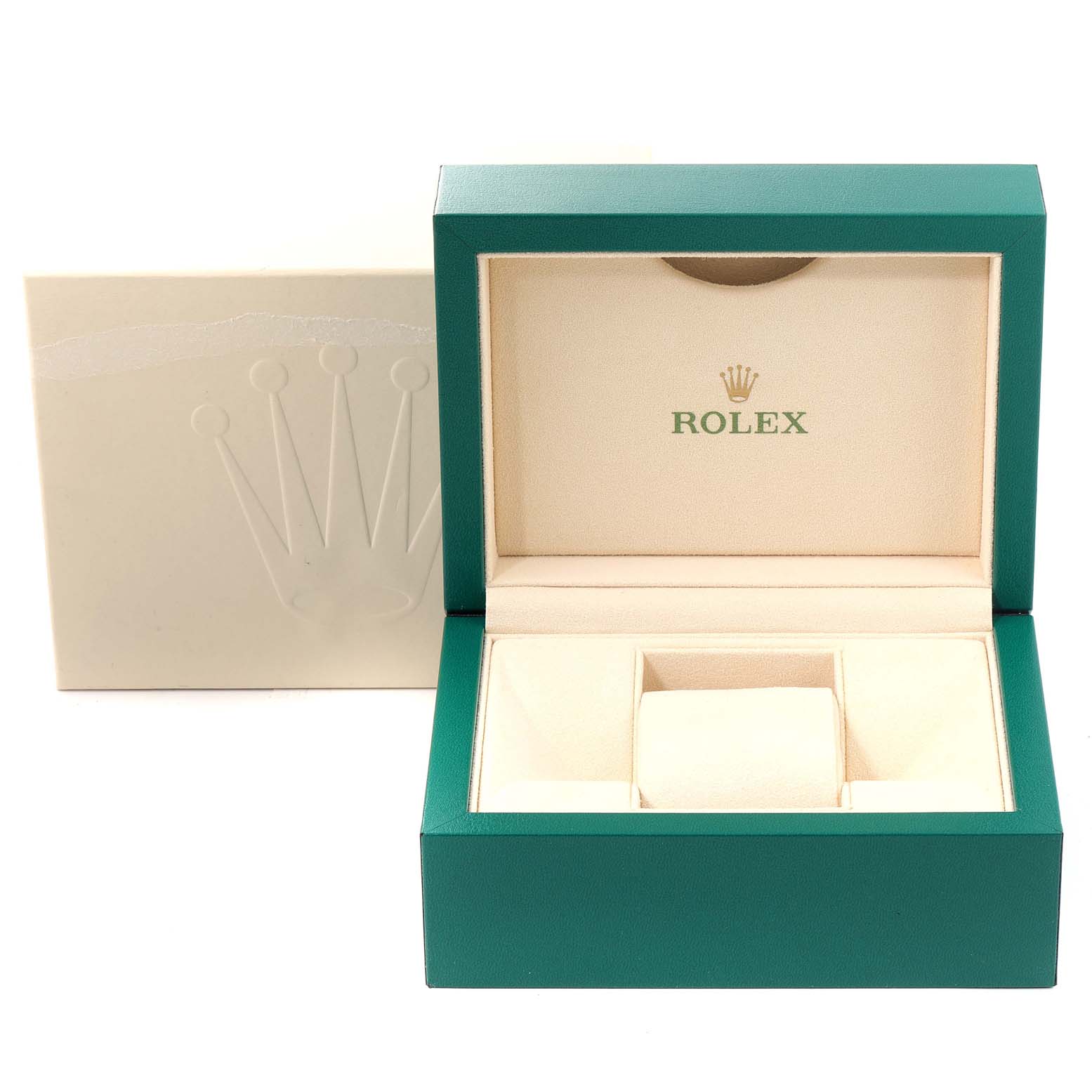This is the open presentation box for a Rolex Mid-Size 177200 Women's Stainless Steel Burgundy Dial 177200 Women's Stainless Steel Burgundy Dial watch, revealing its inner cushion and compartments.